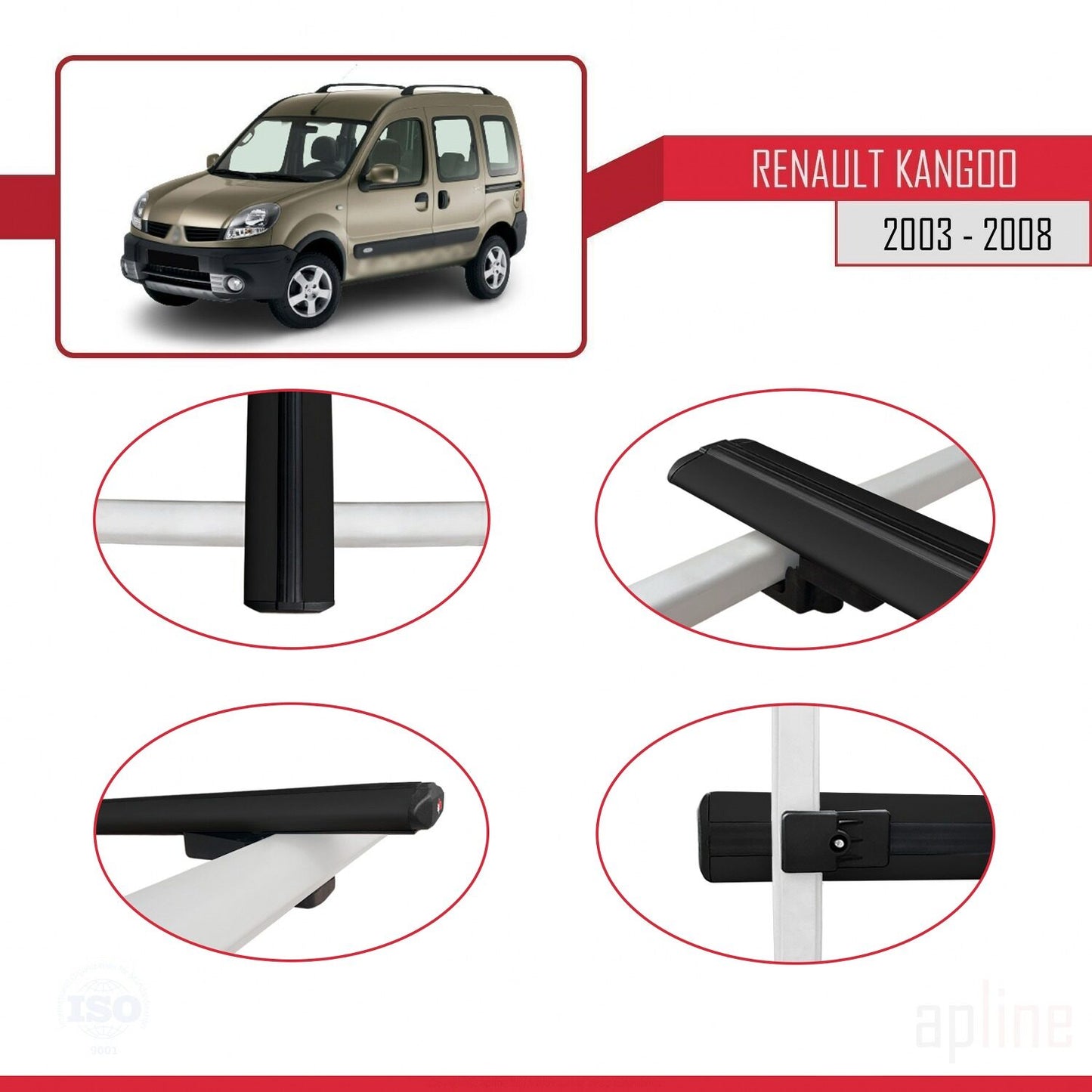 Compatible with Renault Kangoo (X76) Post-Facelift 2003-2008 BASIC Model Car Roof Rack Cross Bar Black Aluminium 3 Bars