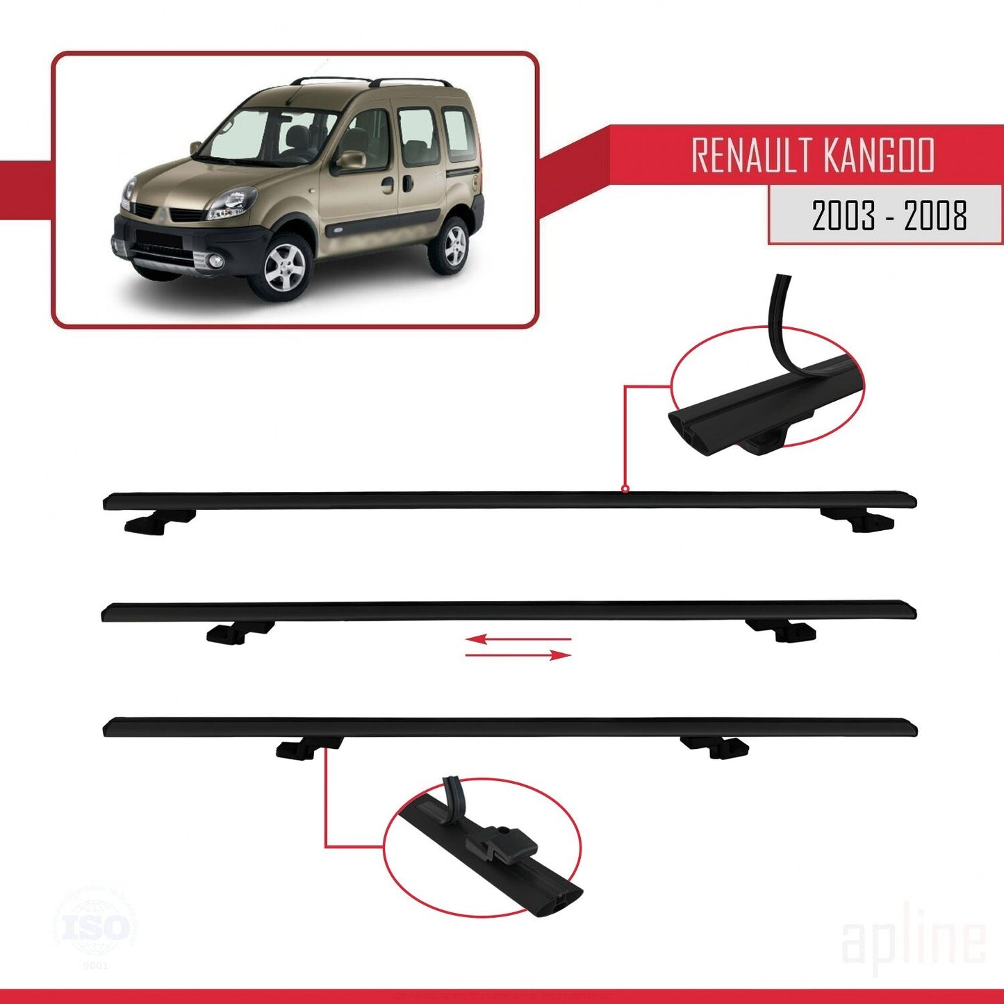 Compatible with Renault Kangoo (X76) Post-Facelift 2003-2008 BASIC Model Car Roof Rack Cross Bar Black Aluminium 3 Bars