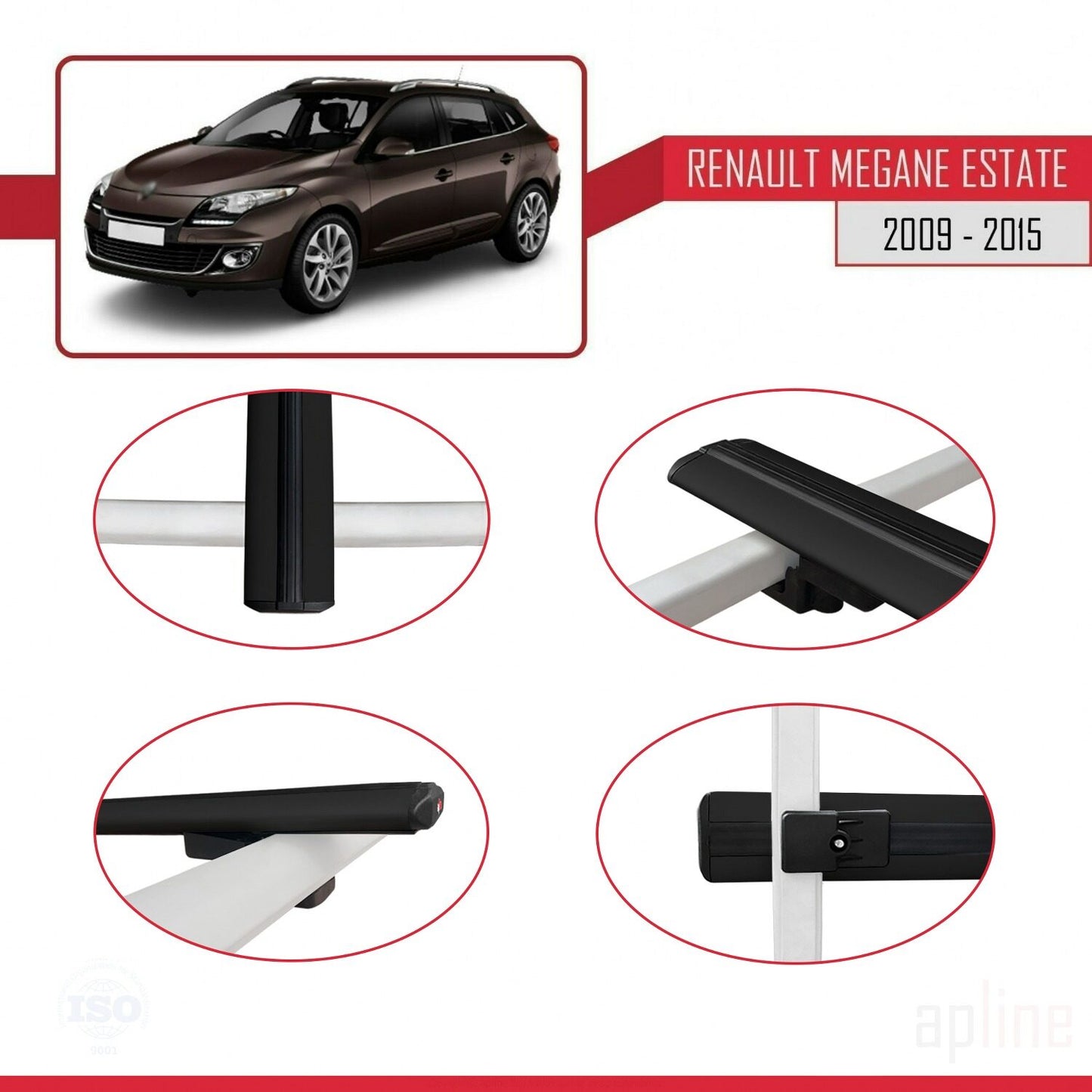 Compatible avec Renault Megane 3 ST 2009-2015 BASIC Model Barres de Toit Railing Porte-Bagages de Voiture Noir Aluminium 2 Barres