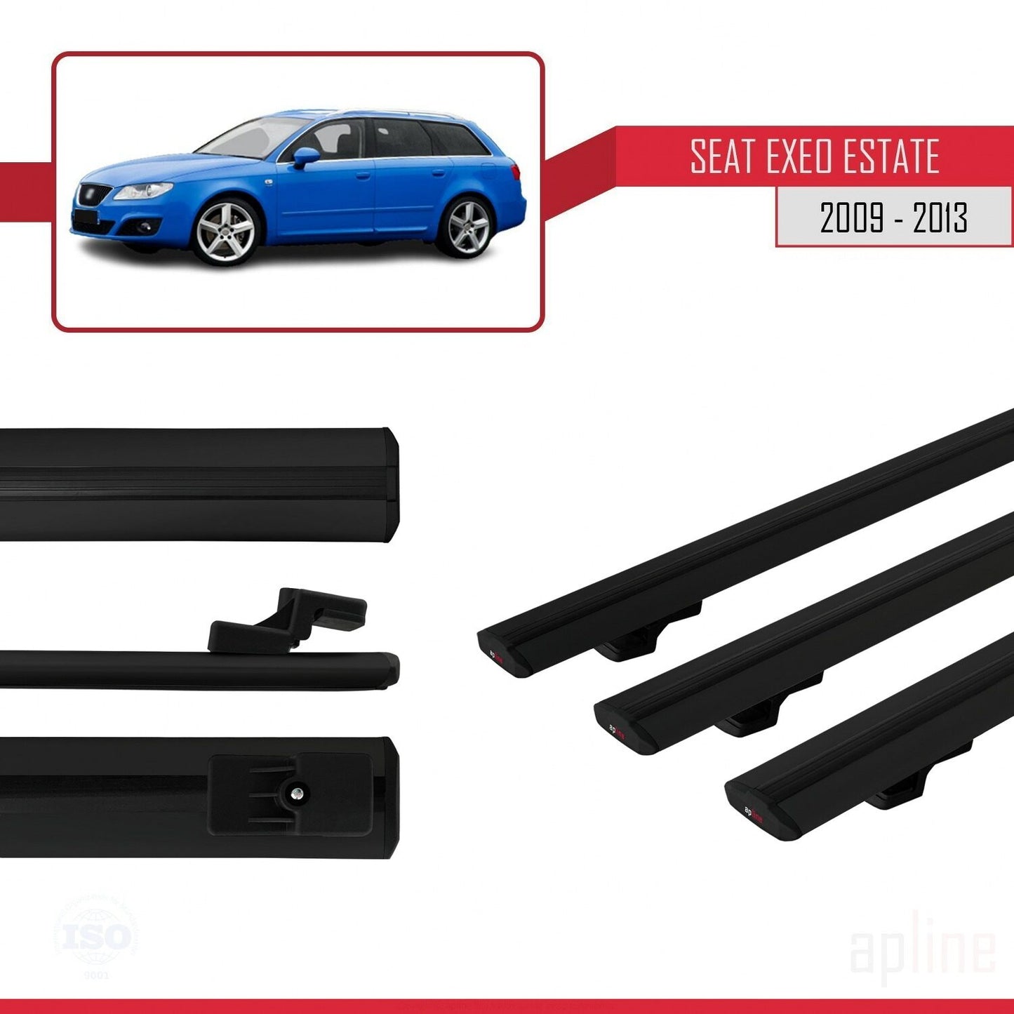 Compatible with Seat Exeo (3R9) ST 2009-2013 BASIC Model Car Roof Rack Cross Bar Black Aluminium 3 Bars