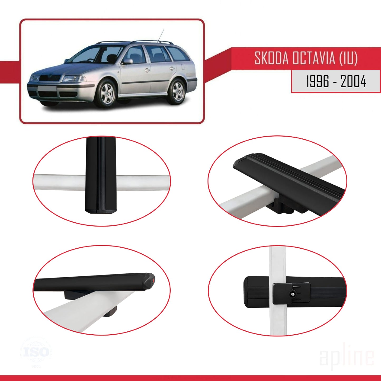 Compatible with Skoda Octavia (1U) 1996-2004 BASIC Model Car Roof Rack Cross Bar Black Aluminium 3 Bars