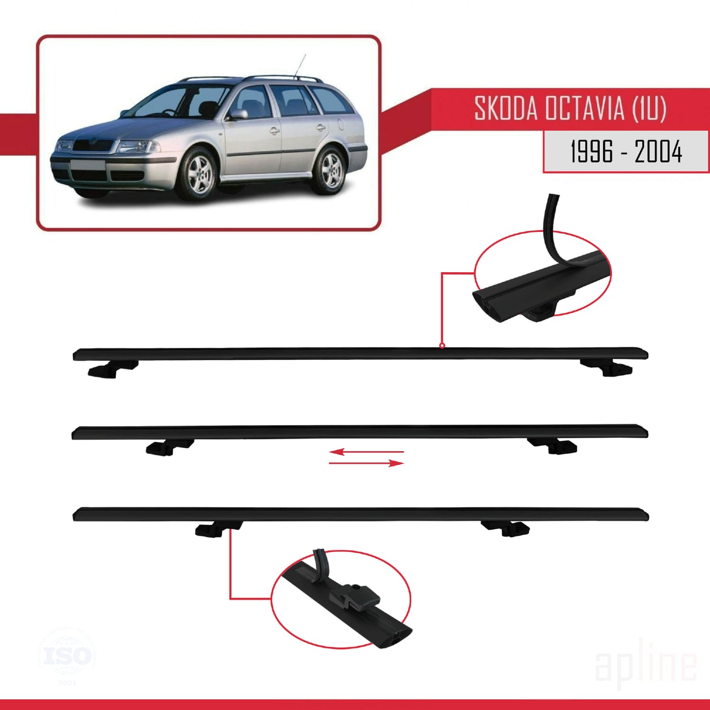 Compatible with Skoda Octavia (1U) 1996-2004 BASIC Model Car Roof Rack Cross Bar Black Aluminium 3 Bars