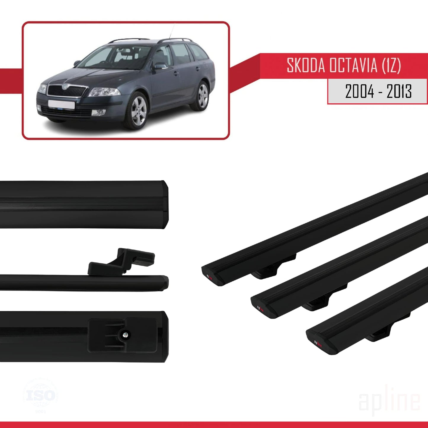 Compatible with Skoda Octavia 2 (1Z) 2004-2013 BASIC Model Car Roof Rack Cross Bar Black Aluminium 3 Bars
