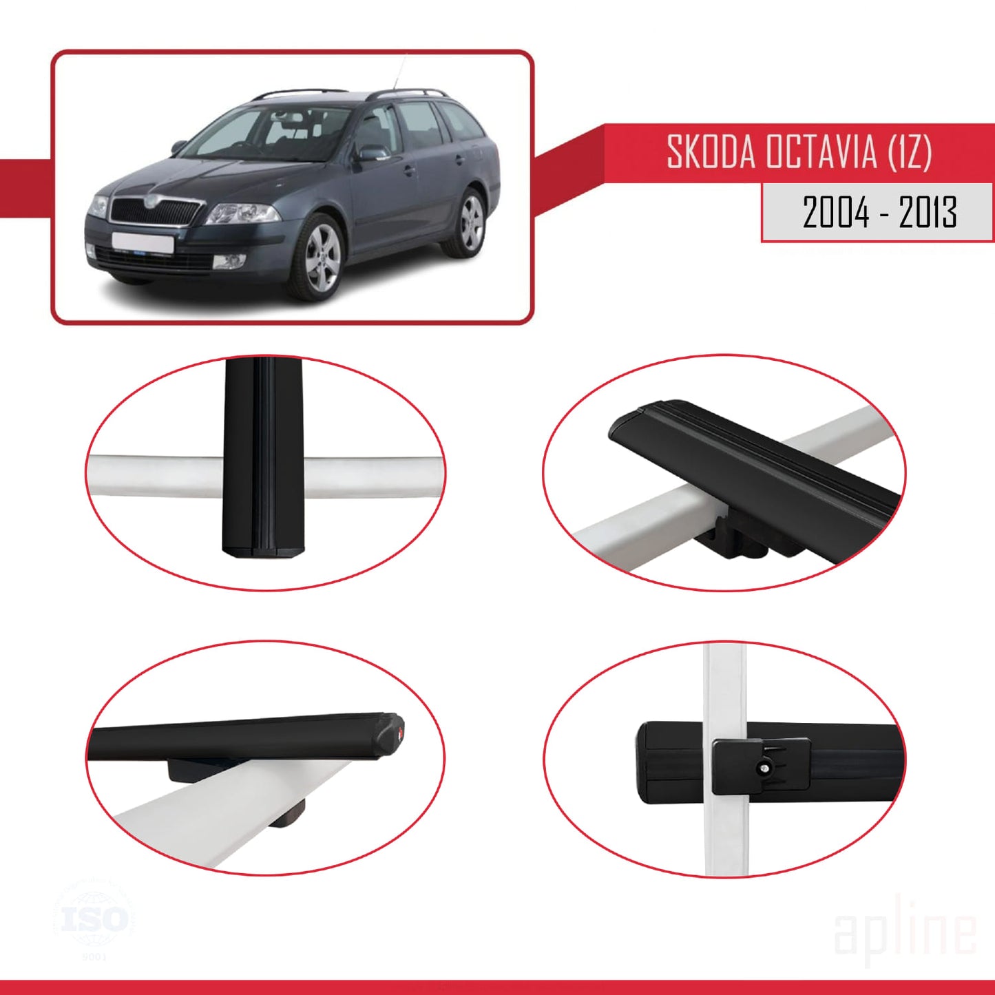 Compatible with Skoda Octavia 2 (1Z) 2004-2013 BASIC Model Car Roof Rack Cross Bar Black Aluminium 2 Bars