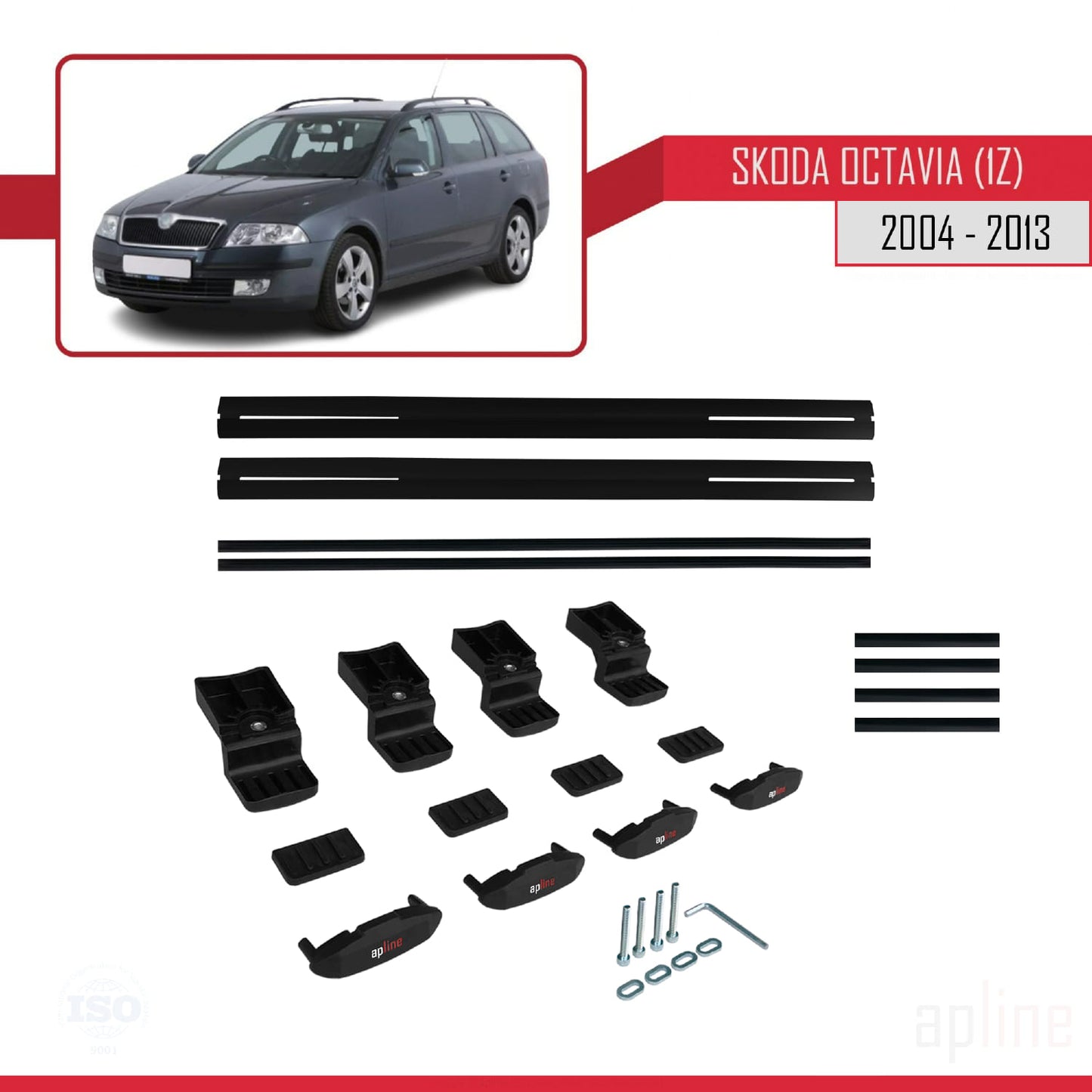 Compatible with Skoda Octavia 2 (1Z) 2004-2013 BASIC Model Car Roof Rack Cross Bar Black Aluminium 2 Bars