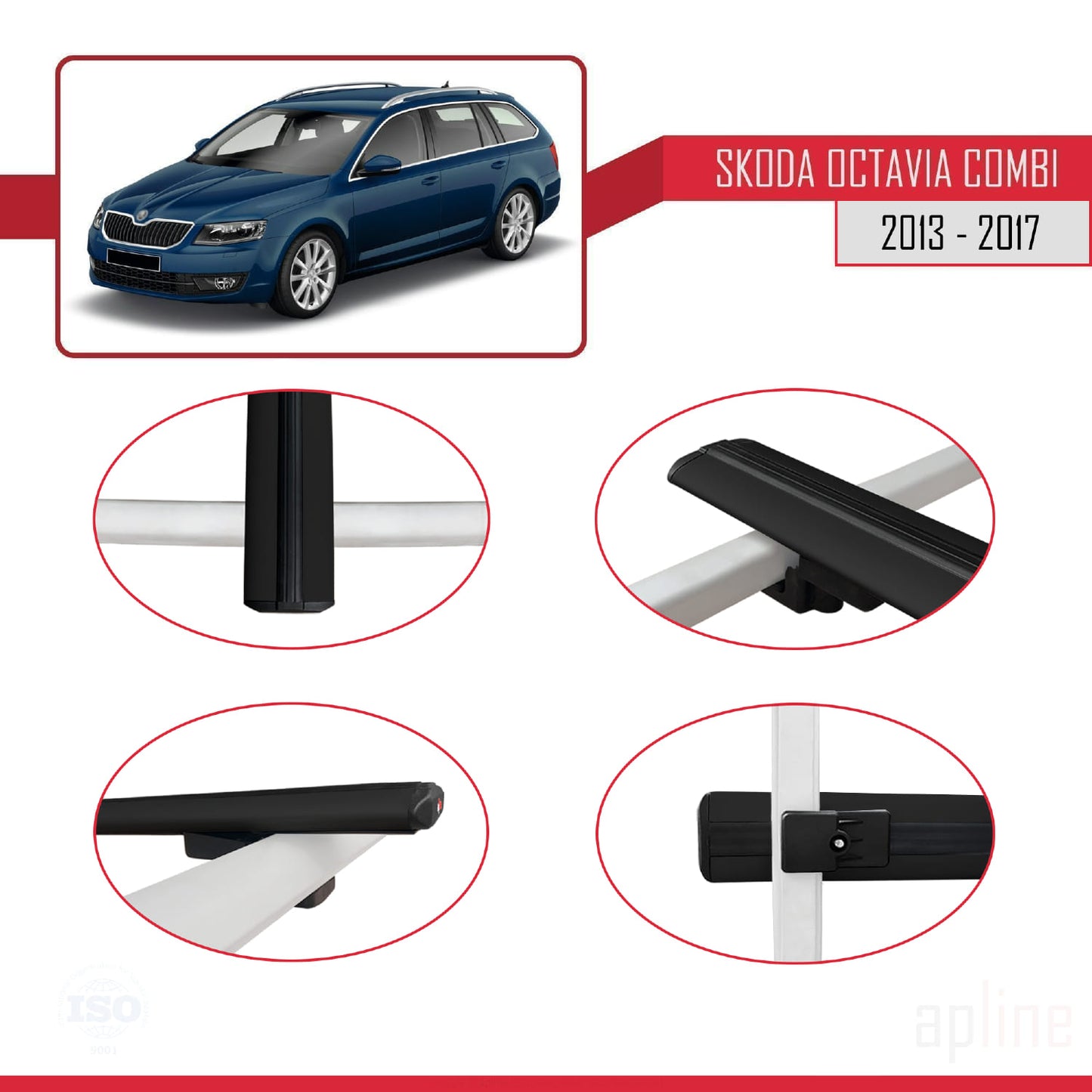 Compatible avec Skoda Octavia 3 (5E) Break Pre-Facelift 2013-2017 BASIC Model Barres de Toit Railing Porte-Bagages de Voiture Noir Aluminium 3 Barres