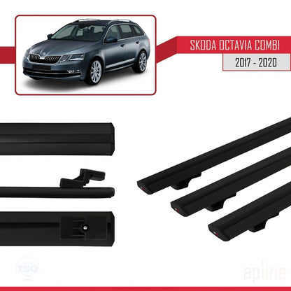 Compatible with Skoda Octavia 3 (5E) SW Post-Facelift 2017-2020 BASIC Model Car Roof Rack Cross Bar Black Aluminium 3 Bars