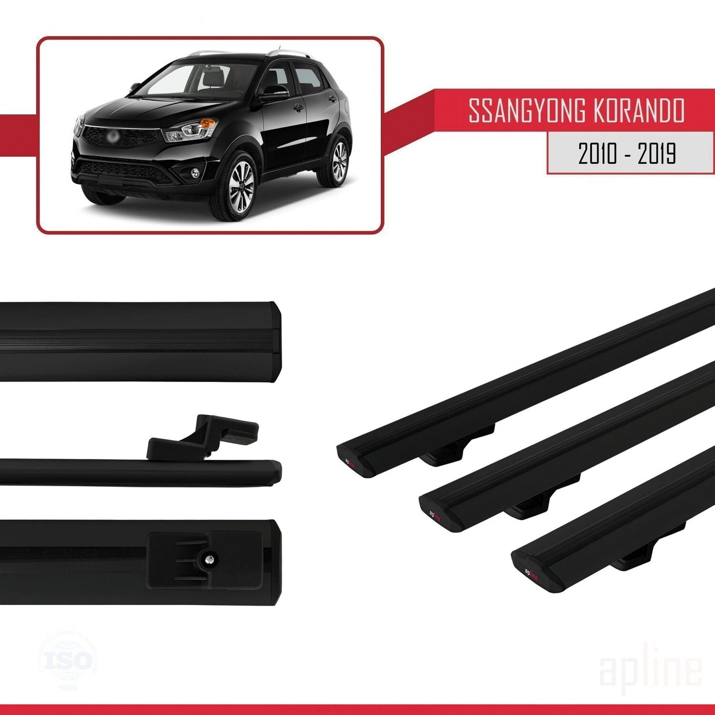 Compatible with Ssangyong Korando 3 (C200) 2010-2019 BASIC Model Car Roof Rack Cross Bar Black Aluminium 3 Bars
