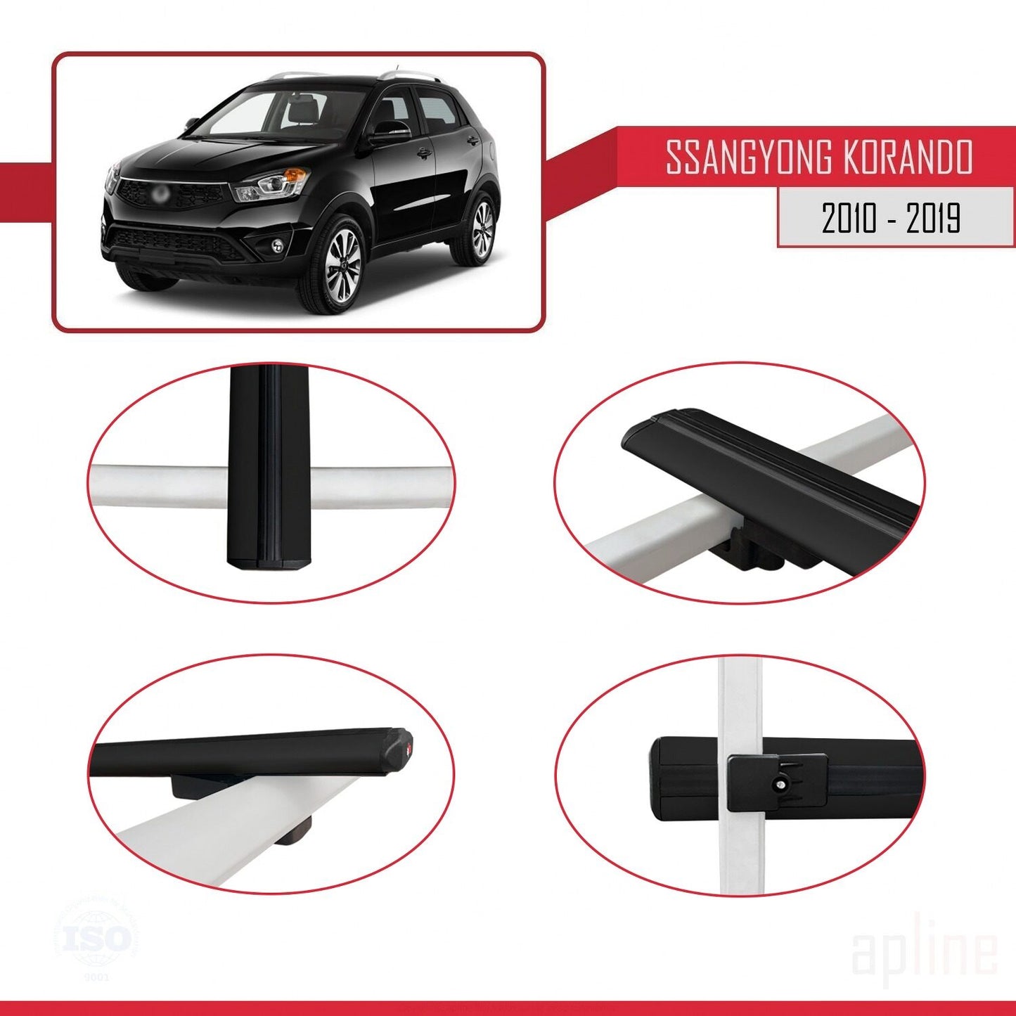 Compatible with Ssangyong Korando 3 (C200) 2010-2019 BASIC Model Car Roof Rack Cross Bar Black Aluminium 3 Bars
