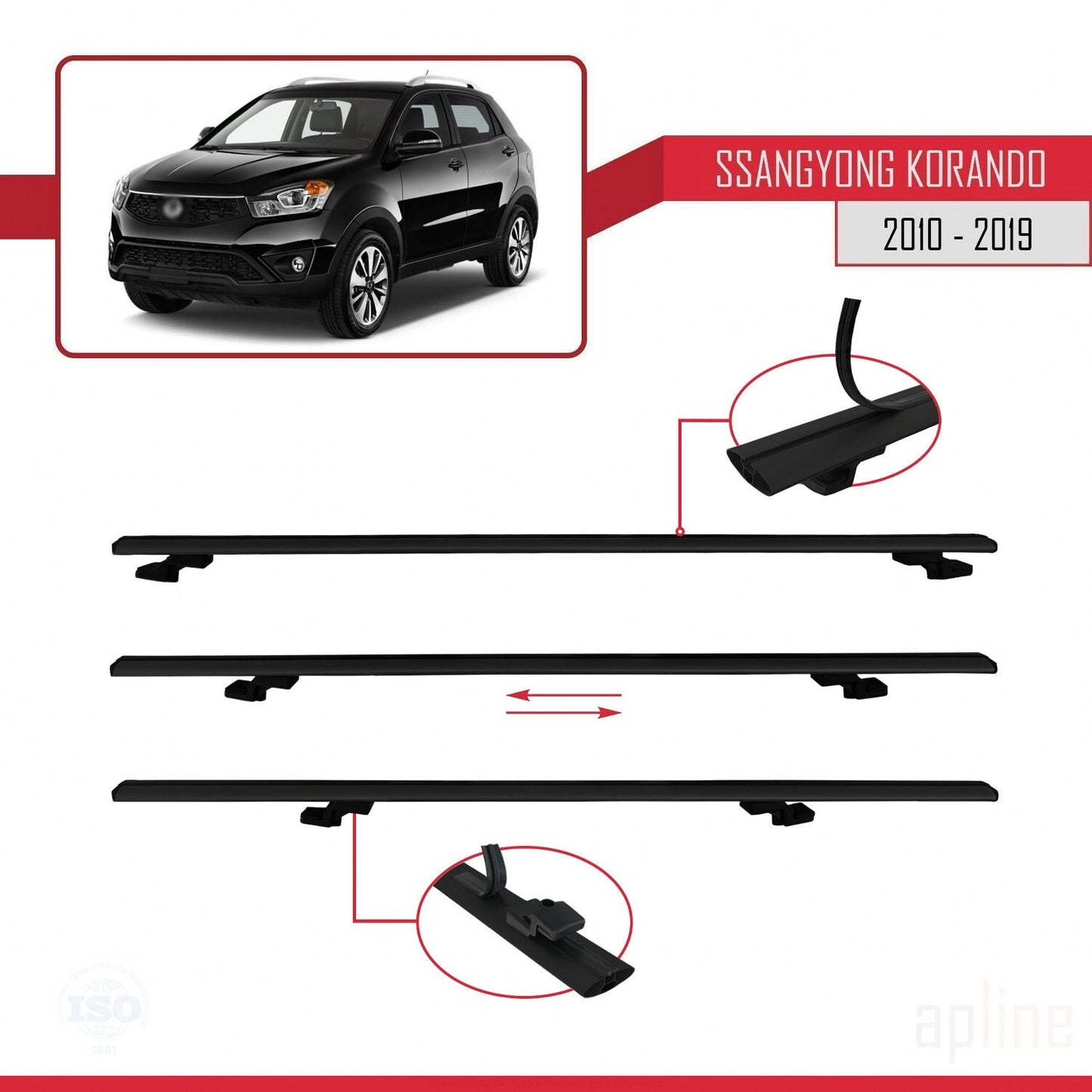 Compatible with Ssangyong Korando 3 (C200) 2010-2019 BASIC Model Car Roof Rack Cross Bar Black Aluminium 3 Bars