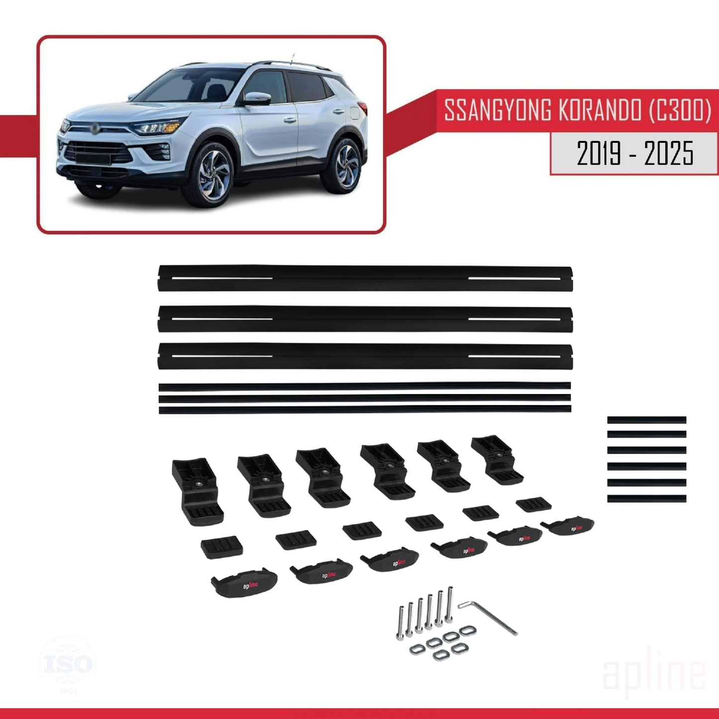 Compatible with Ssangyong Korando 4 (C300) 2019-2025 BASIC Model Car Roof Rack Cross Bar Black Aluminium 3 Bars