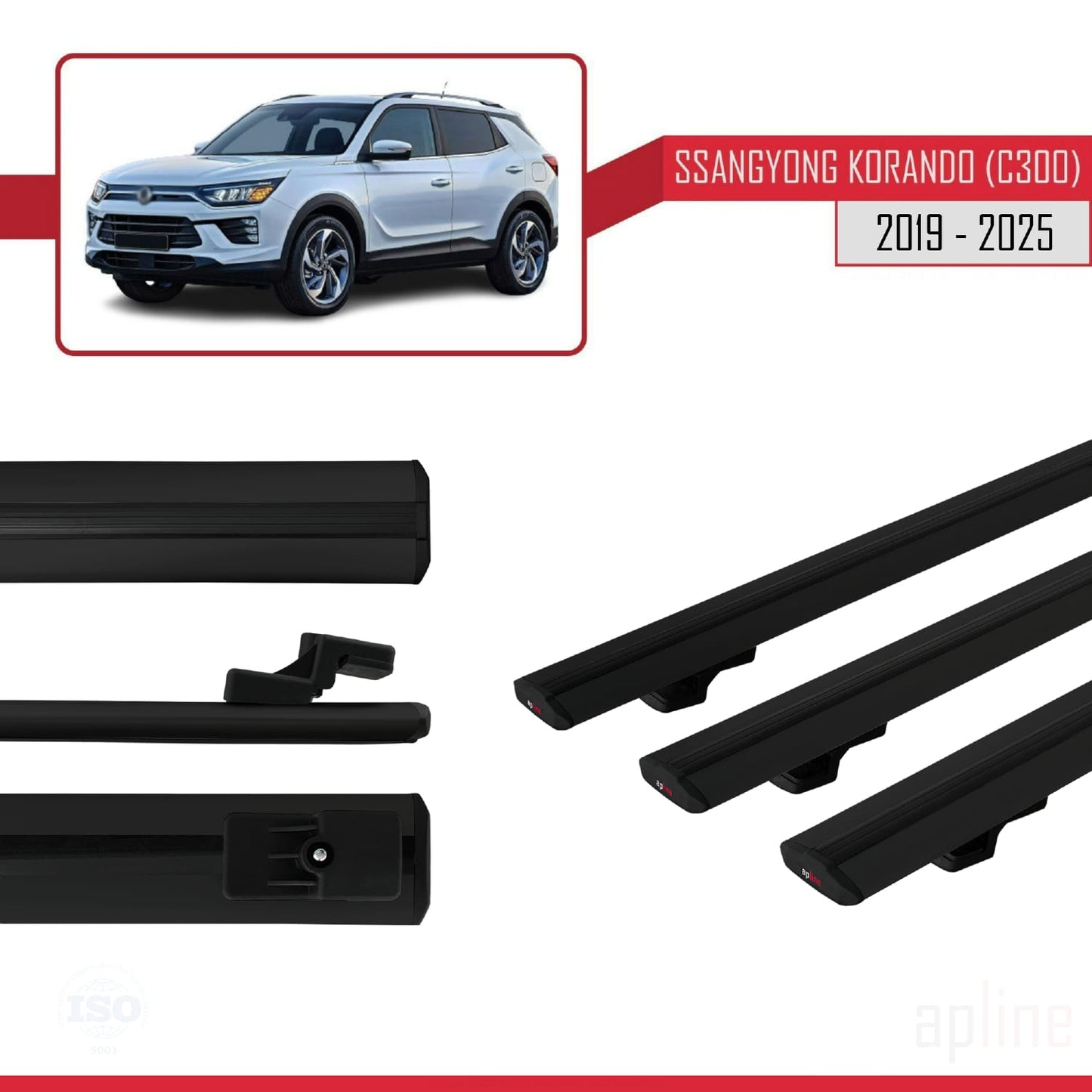 Compatible with Ssangyong Korando 4 (C300) 2019-2025 BASIC Model Car Roof Rack Cross Bar Black Aluminium 3 Bars