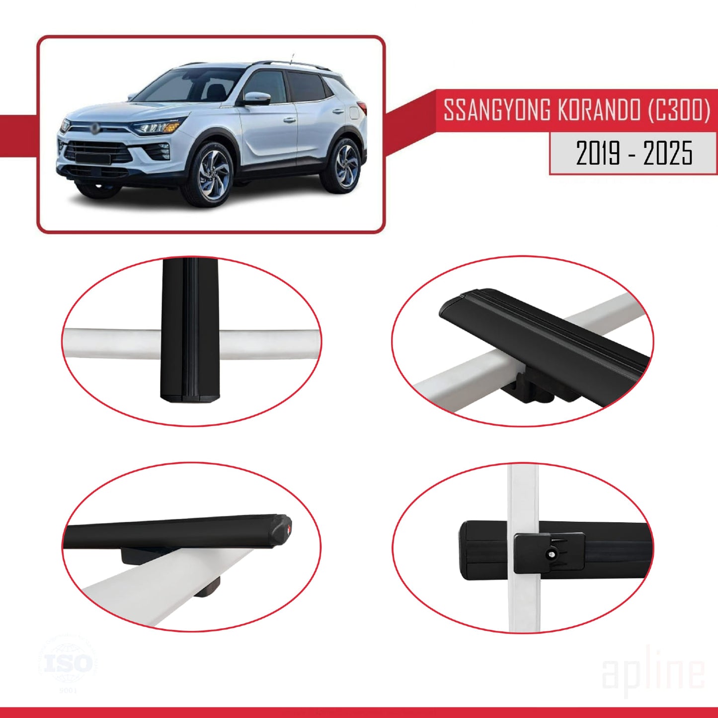 Compatible with Ssangyong Korando 4 (C300) 2019-2025 BASIC Model Car Roof Rack Cross Bar Black Aluminium 3 Bars