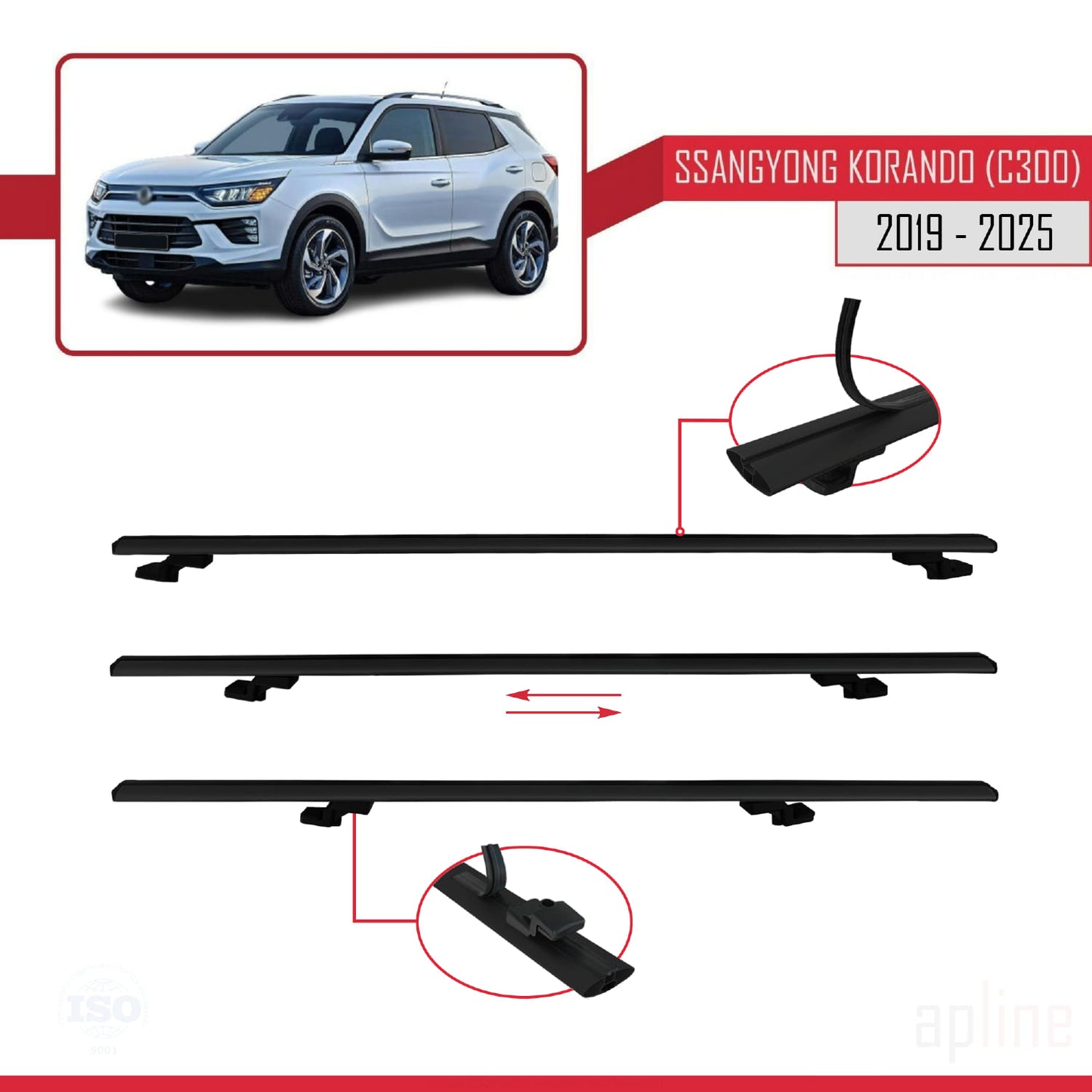 Compatible with Ssangyong Korando 4 (C300) 2019-2025 BASIC Model Car Roof Rack Cross Bar Black Aluminium 3 Bars