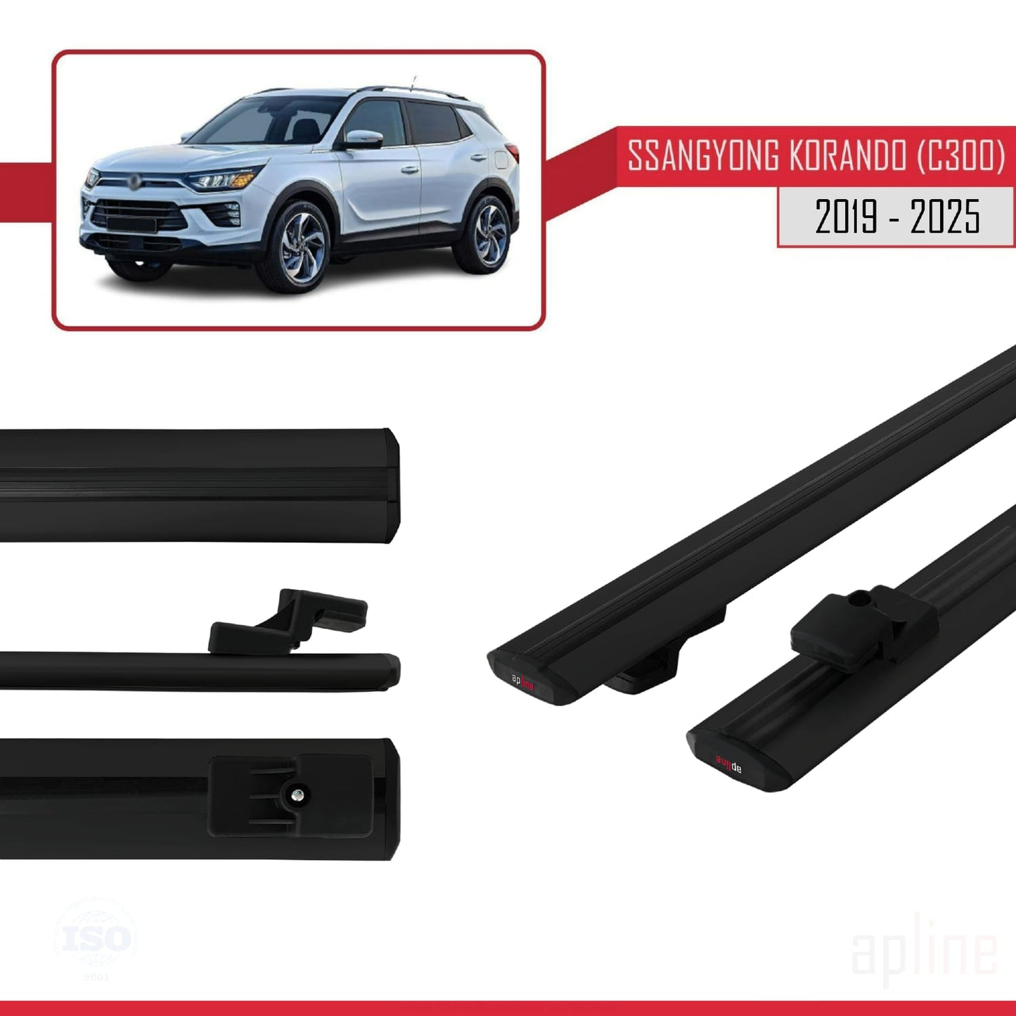Compatible with Ssangyong Korando 4 (C300) 2019-2025 BASIC Model Car Roof Rack Cross Bar Black Aluminium 2 Bars