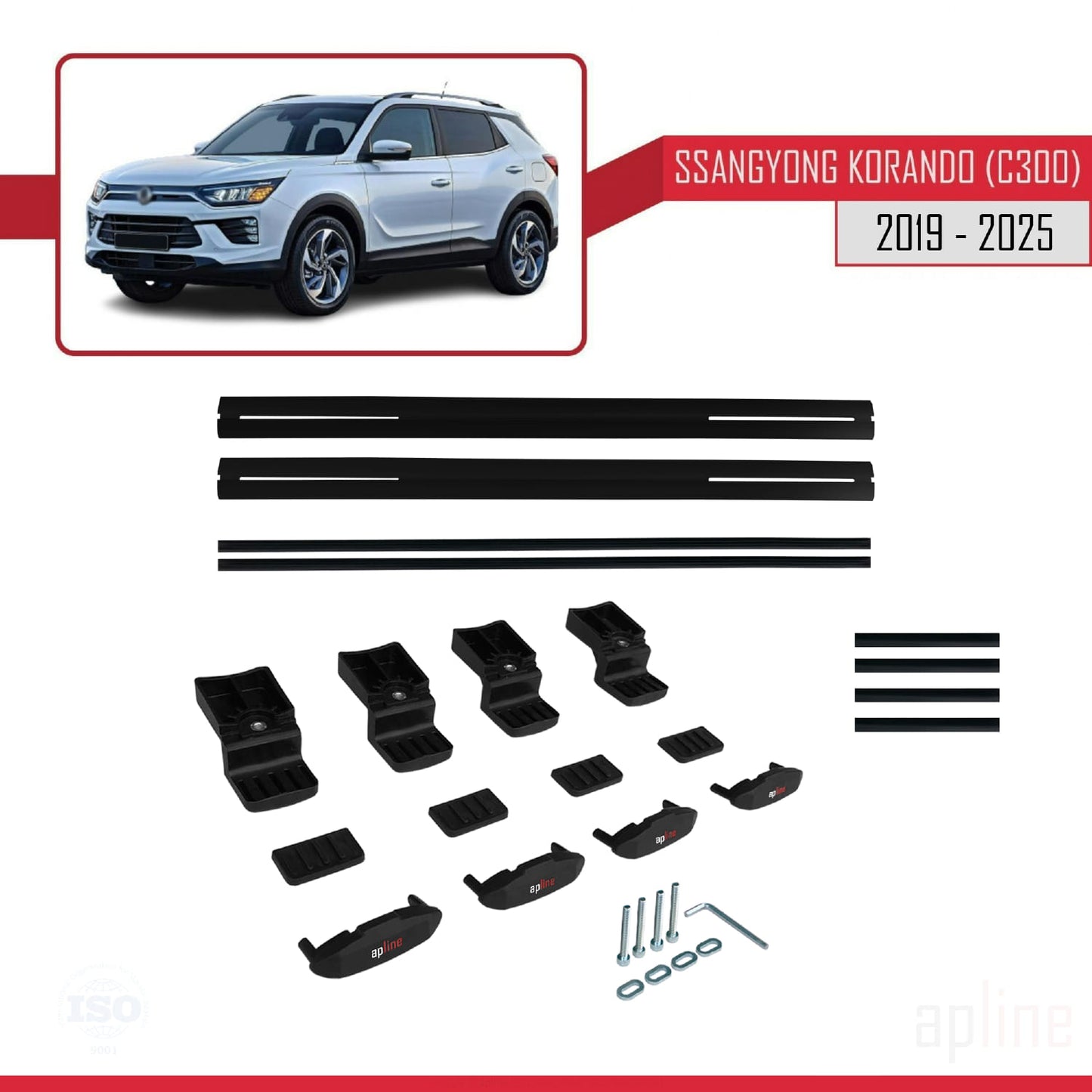 Compatible with Ssangyong Korando 4 (C300) 2019-2025 BASIC Model Car Roof Rack Cross Bar Black Aluminium 2 Bars