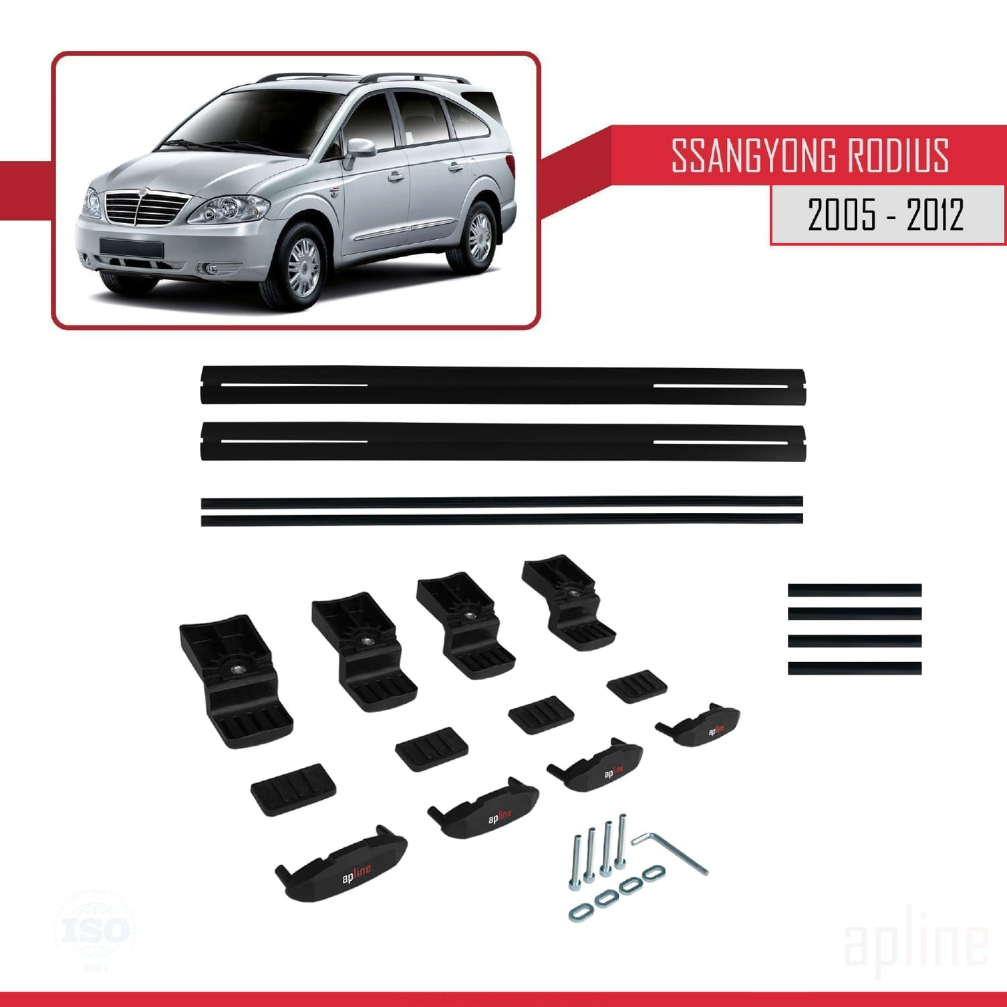 BASIC Model Dakdrager bagagedrager compatibel met Ssangyong Rodius 2005-2012 Spoorstaven Zwart Aluminium 2 Staven