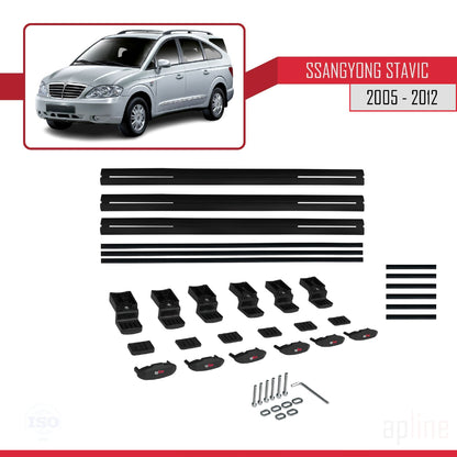 BASIC Model Dakdrager bagagedrager compatibel met Ssangyong Stavic 2005-2012 Spoorstaven Zwart Aluminium 3 Staven
