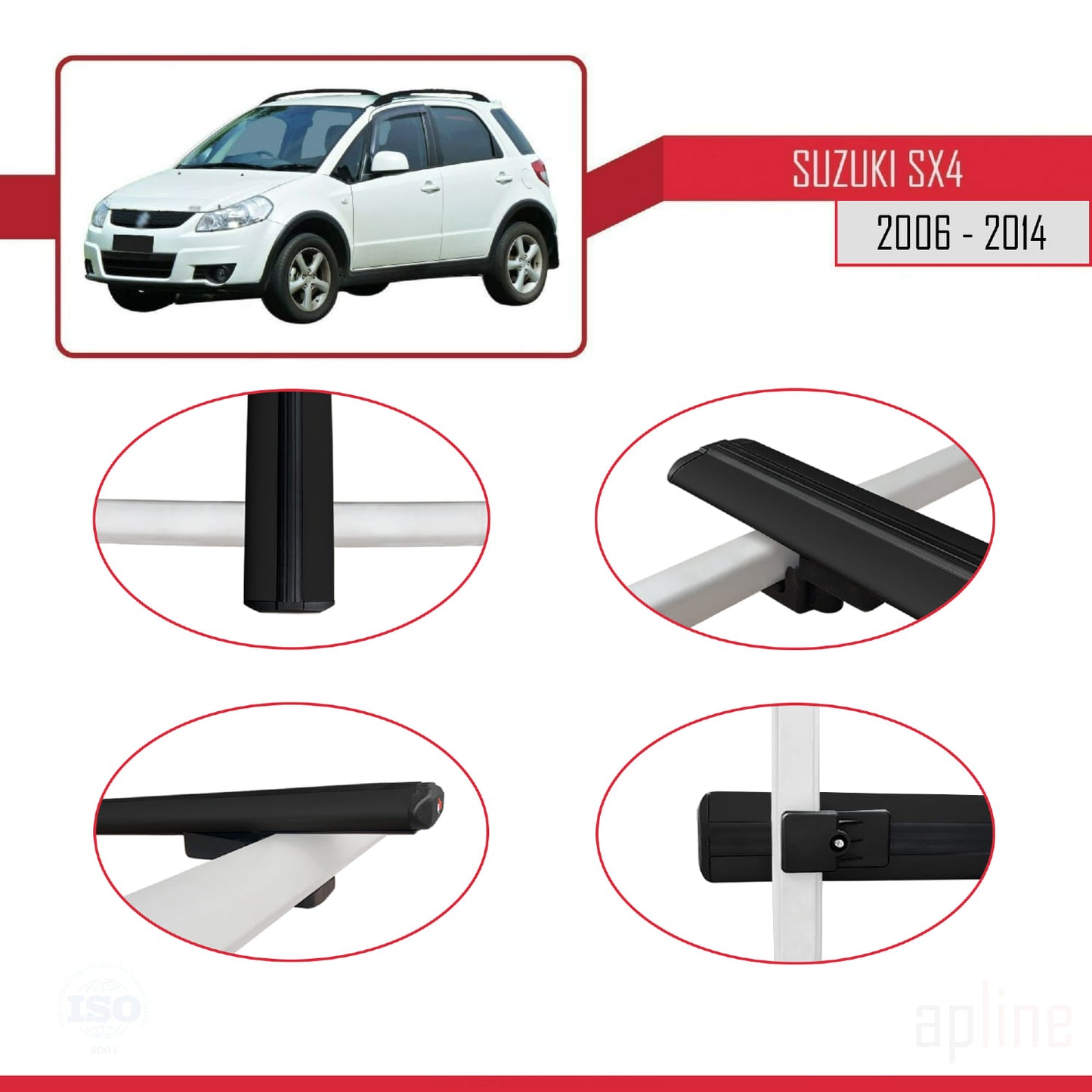 Compatible avec Suzuki SX4 II (JY) 2006-2014 BASIC Model Barres de Toit Railing Porte-Bagages de Voiture Noir Aluminium 2 Barres