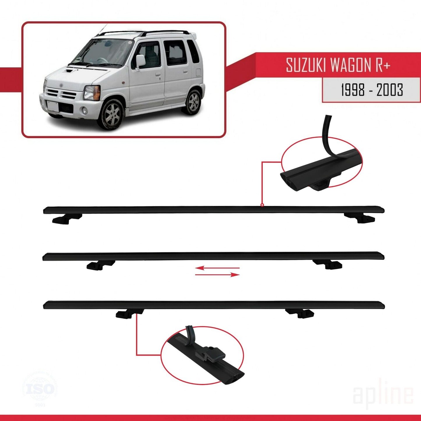 Compatible avec Suzuki Wagon R+ 1998-2003 BASIC Model Barres de Toit Railing Porte-Bagages de Voiture Noir Aluminium 3 Barres