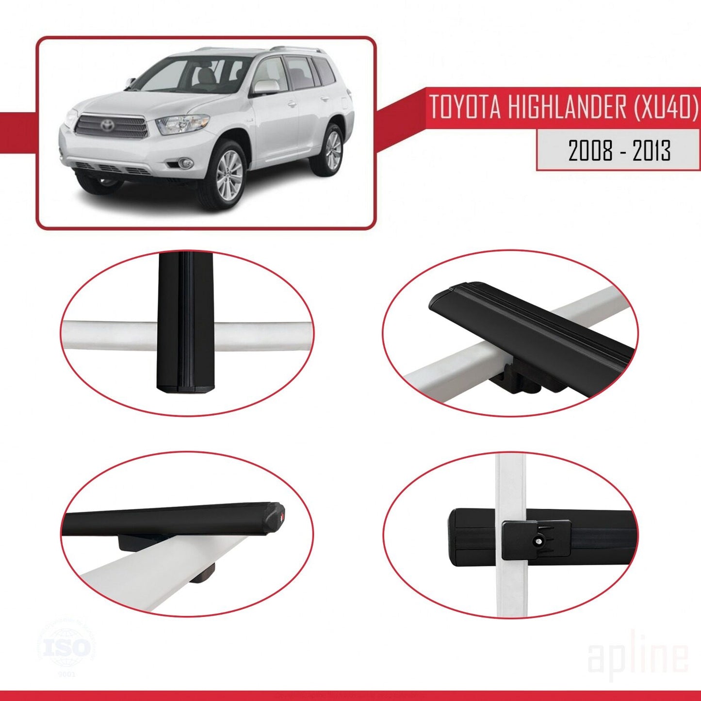 Compatible avec Toyota Highlander (XU40) 2008-2013 BASIC Model Barres de Toit Railing Porte-Bagages de Voiture Noir Aluminium 3 Barres