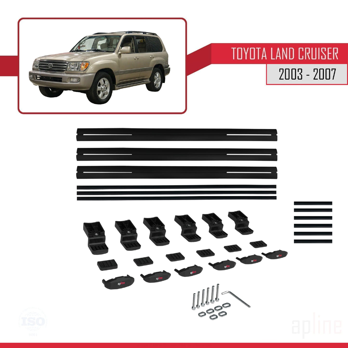 Compatible avec Toyota Land Cruiser (J100) 2003-2007 BASIC Model Barres de Toit Railing Porte-Bagages de Voiture Noir Aluminium 3 Barres