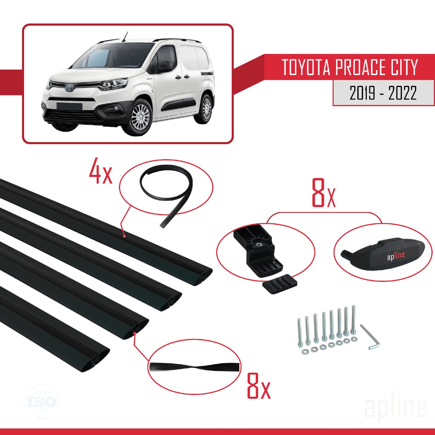 Compatible avec Toyota Proace City 2019-2022 BASIC Model Barres de Toit Railing Porte-Bagages de Voiture Noir Aluminium 4 Barres