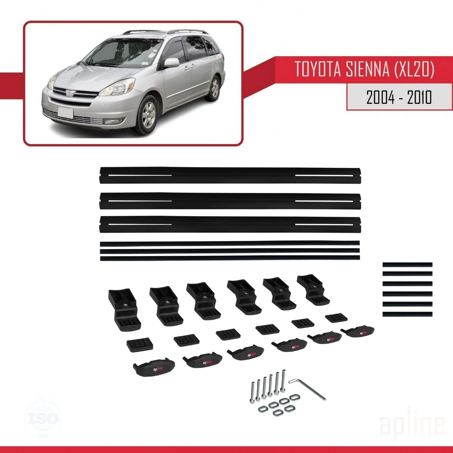 Compatible avec Toyota Sienna 2 (XL20) 2004-2010 BASIC Model Barres de Toit Railing Porte-Bagages de Voiture Noir Aluminium 3 Barres