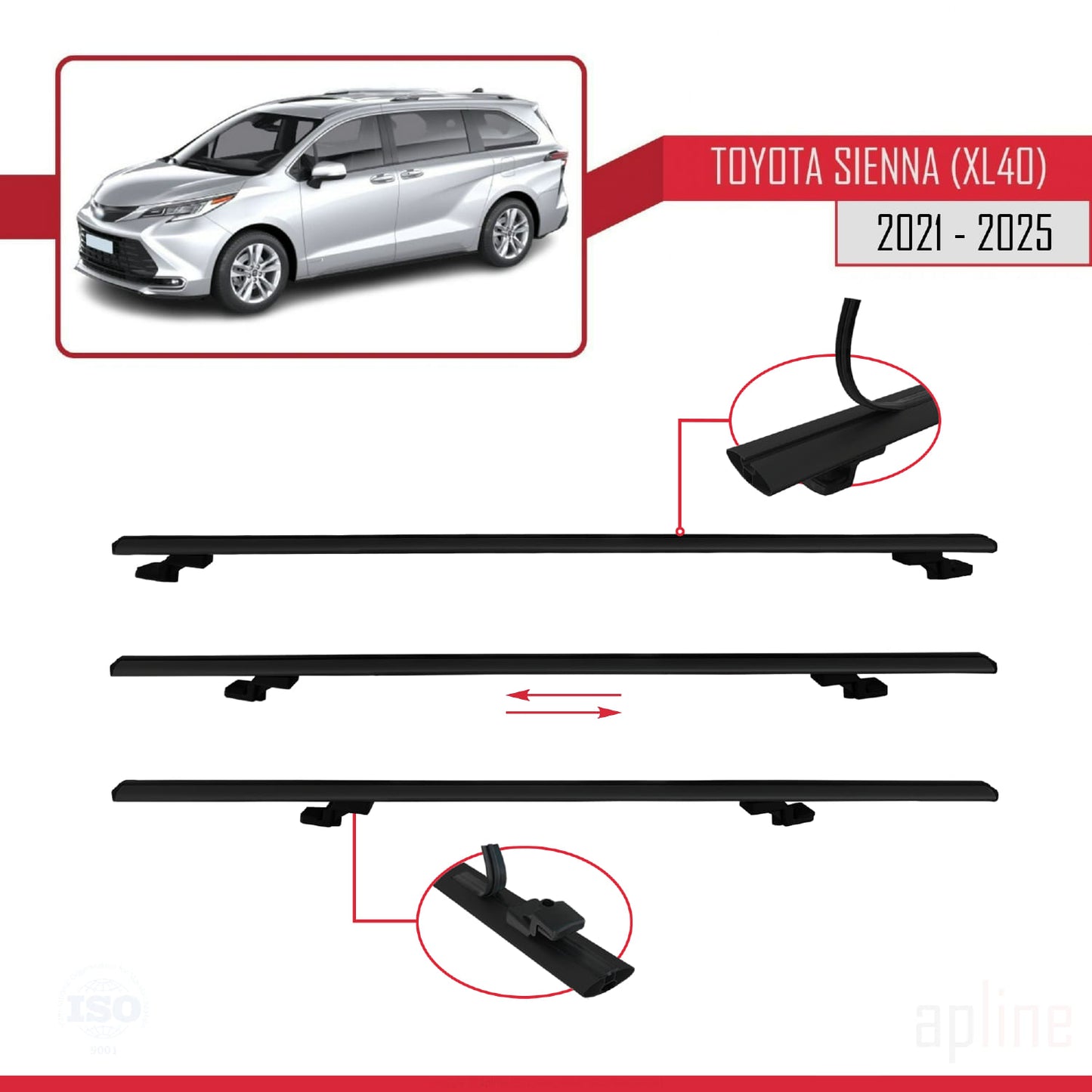 Compatible avec Toyota Sienna 4 (XL40) 2021-2025 BASIC Model Barres de Toit Railing Porte-Bagages de Voiture Noir Aluminium 3 Barres