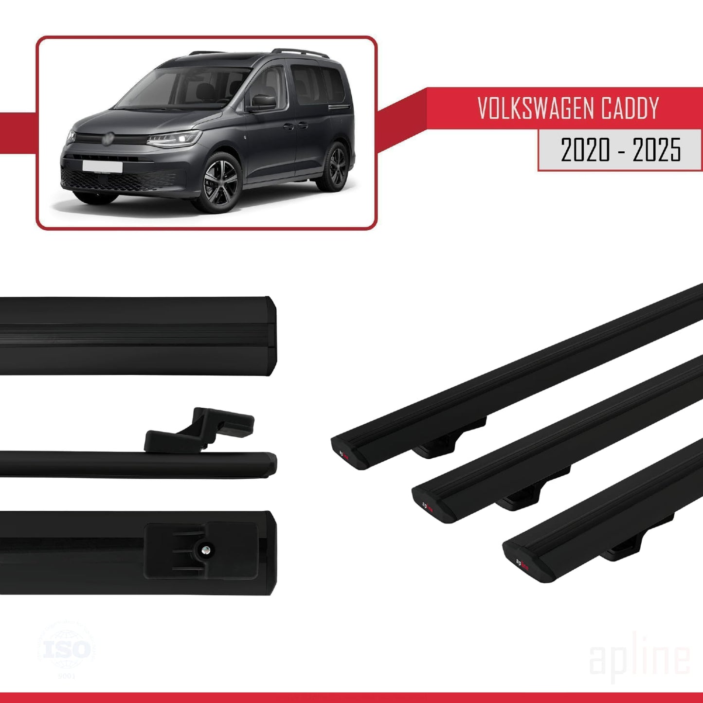 Compatible avec Volkswagen Caddy 4 (SB) 2020-2025 BASIC Model Barres de Toit Railing Porte-Bagages de Voiture Noir Aluminium 3 Barres