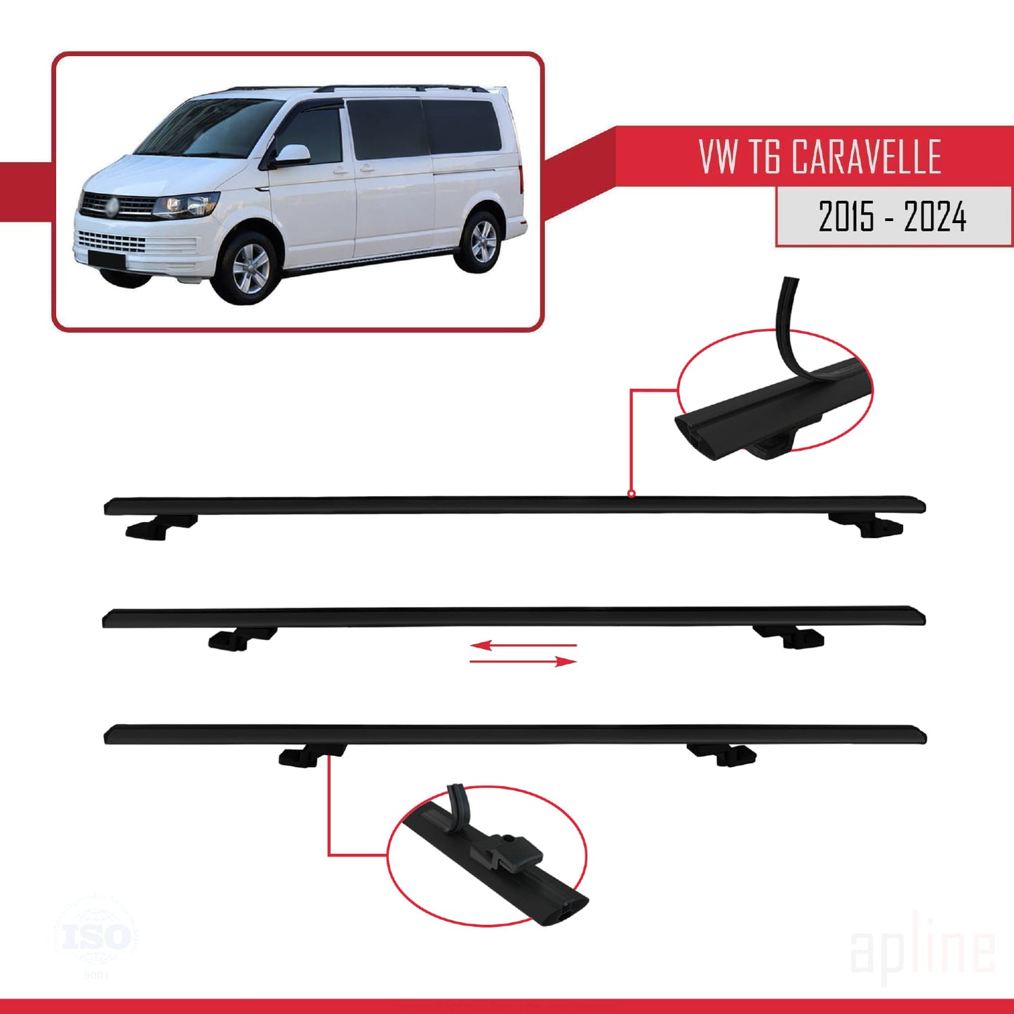 Compatible avec Volkswagen T6 Caravelle 2015-2024 BASIC Model Barres de Toit Railing Porte-Bagages de Voiture Noir Aluminium 3 Barres