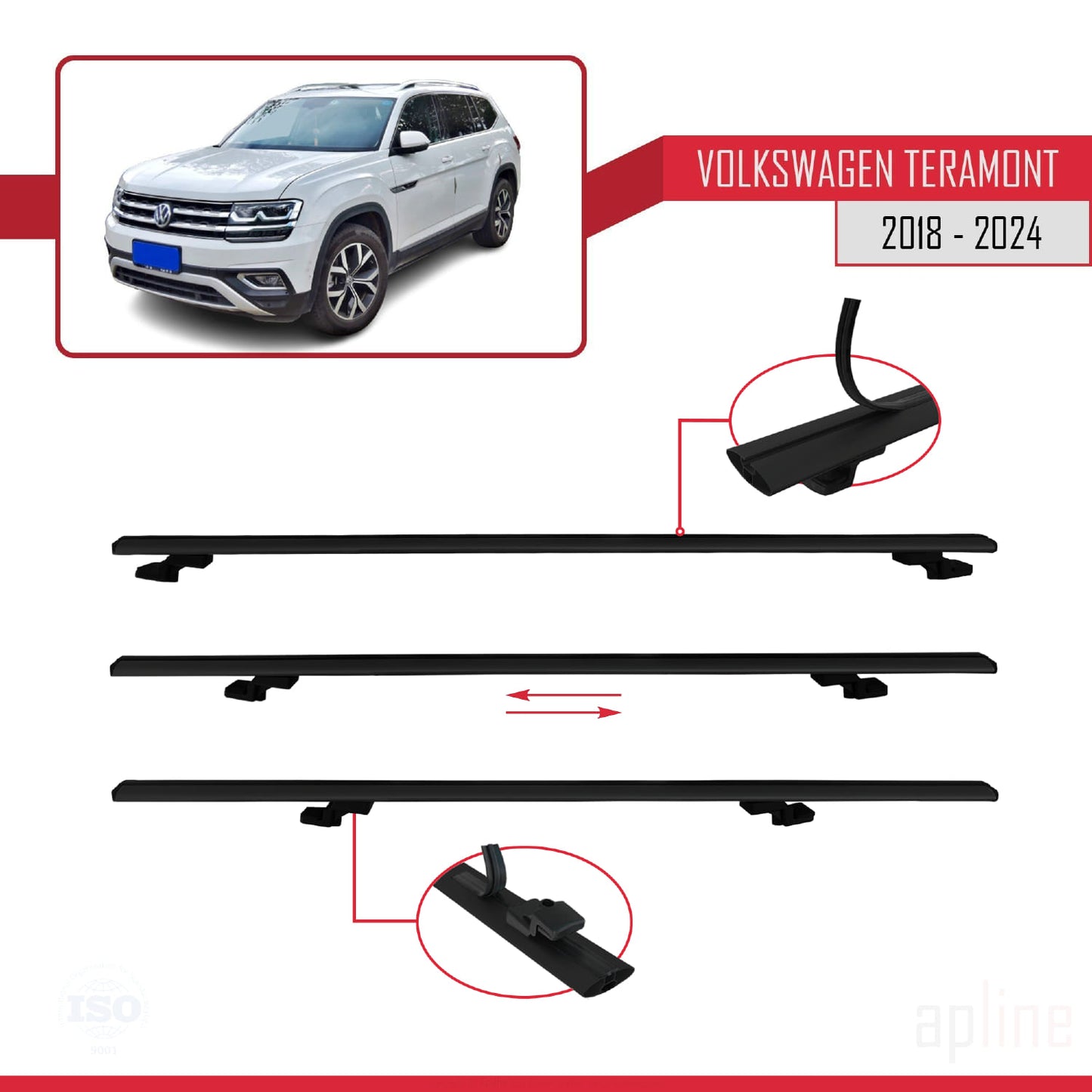 Compatible avec Volkswagen Teramont (CA1) 2018-2024 BASIC Model Barres de Toit Railing Porte-Bagages de Voiture Noir Aluminium 3 Barres