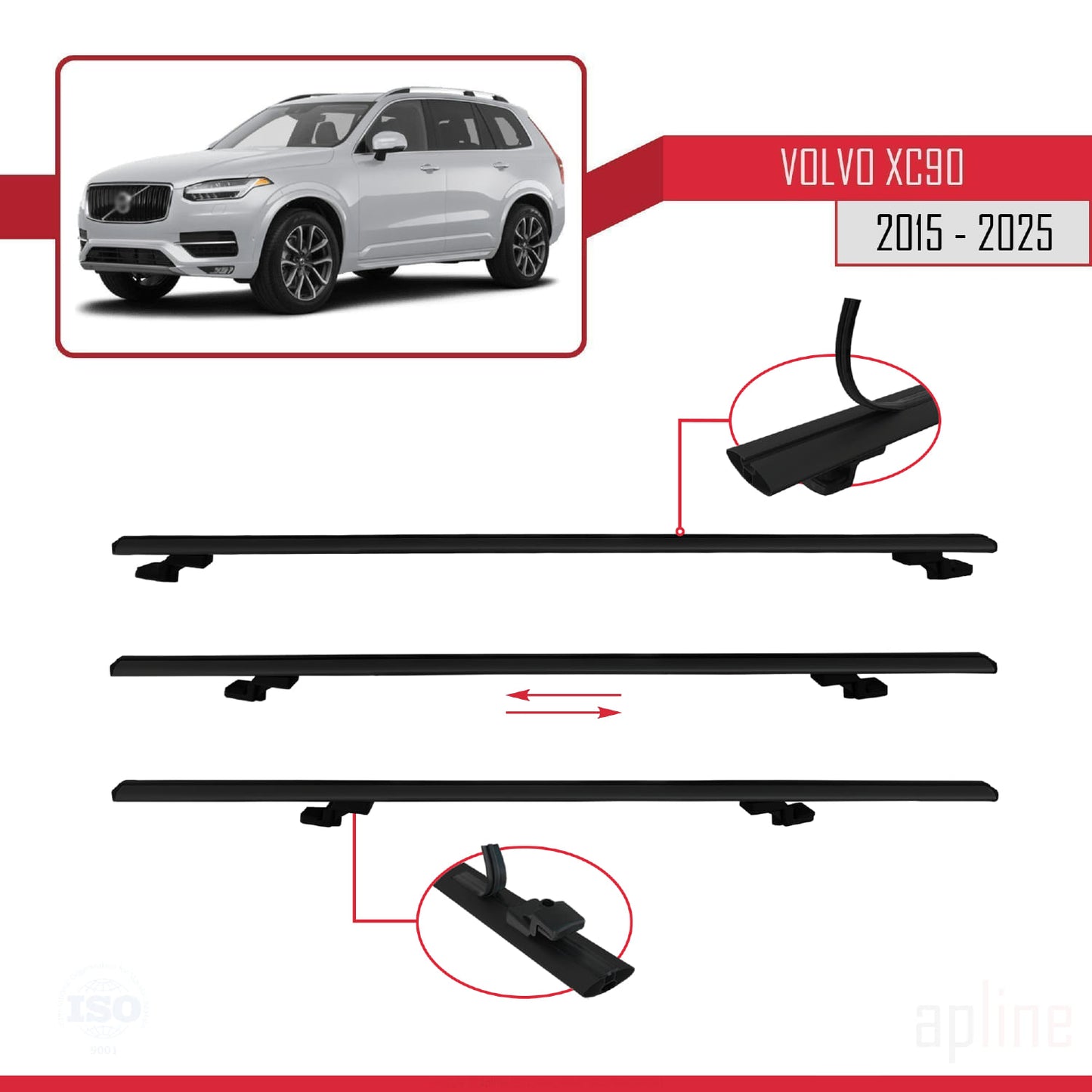 Compatible avec Volvo XC90 II 2015-2025 BASIC Model Barres de Toit Railing Porte-Bagages de Voiture Noir Aluminium 2 Barres