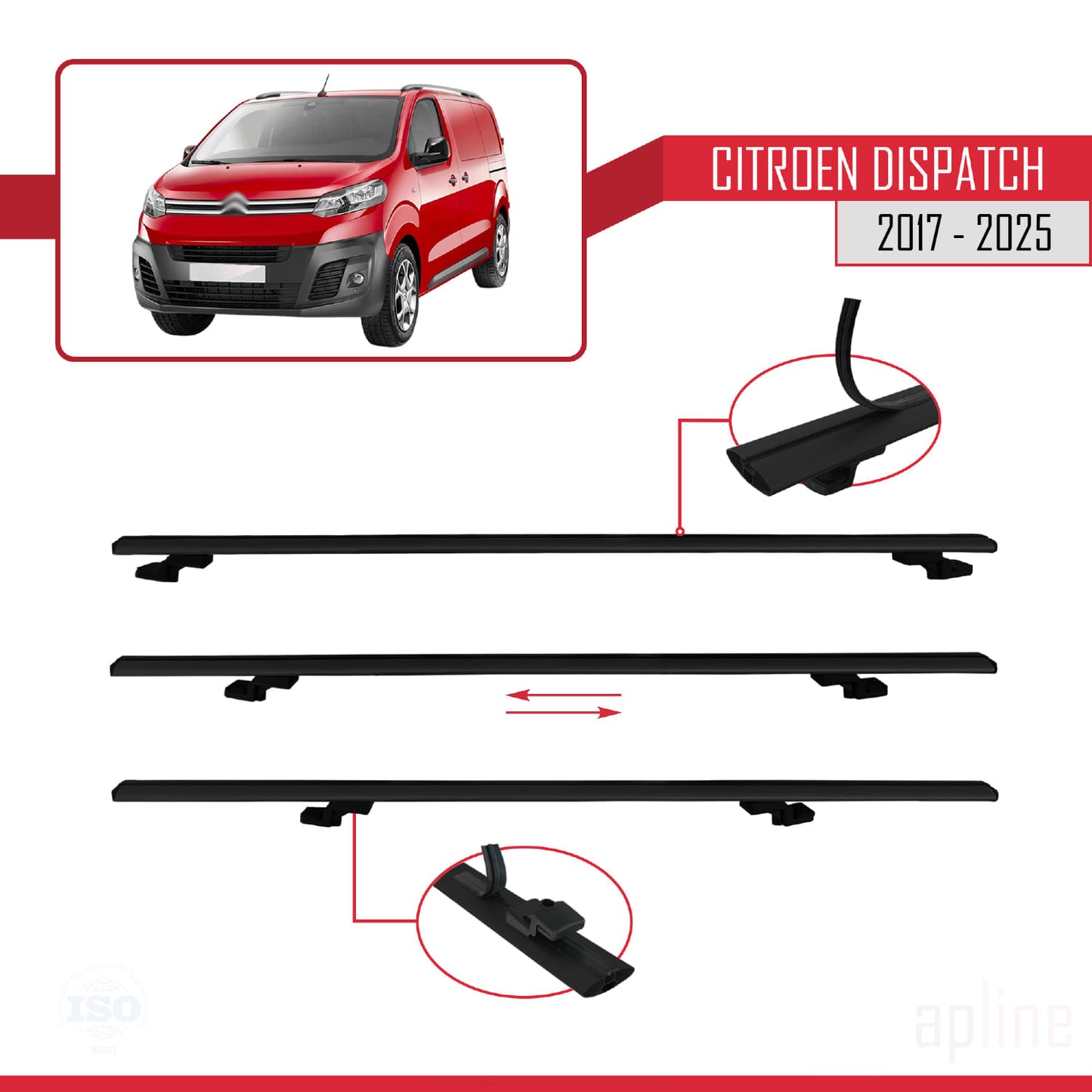 Compatible avec Citroen Dispatch (K0) 2017-2025 BASIC Model Barres de Toit Railing Porte-Bagages de Voiture Noir Aluminium 4 Barres