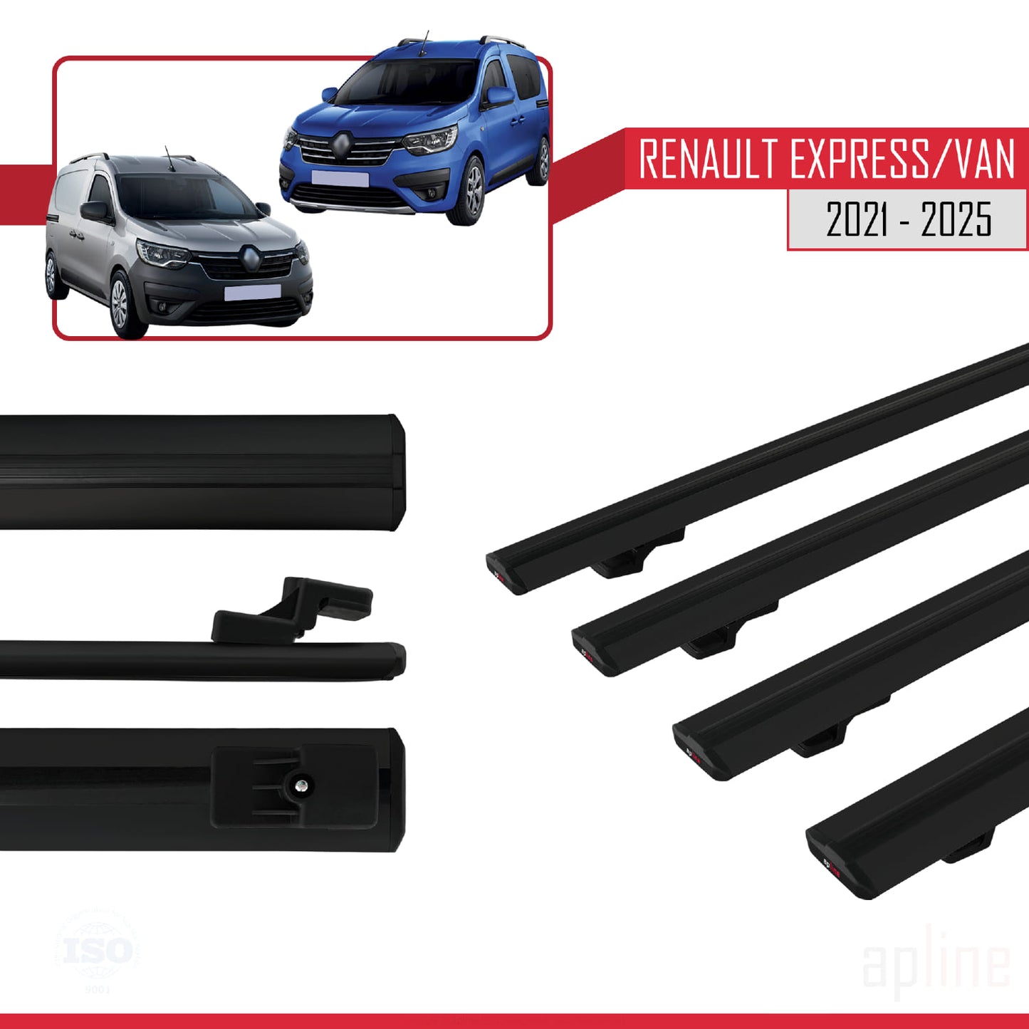 Compatible avec Renault Express 2021-2025 BASIC Model Barres de Toit Railing Porte-Bagages de Voiture Noir Aluminium 4 Barres