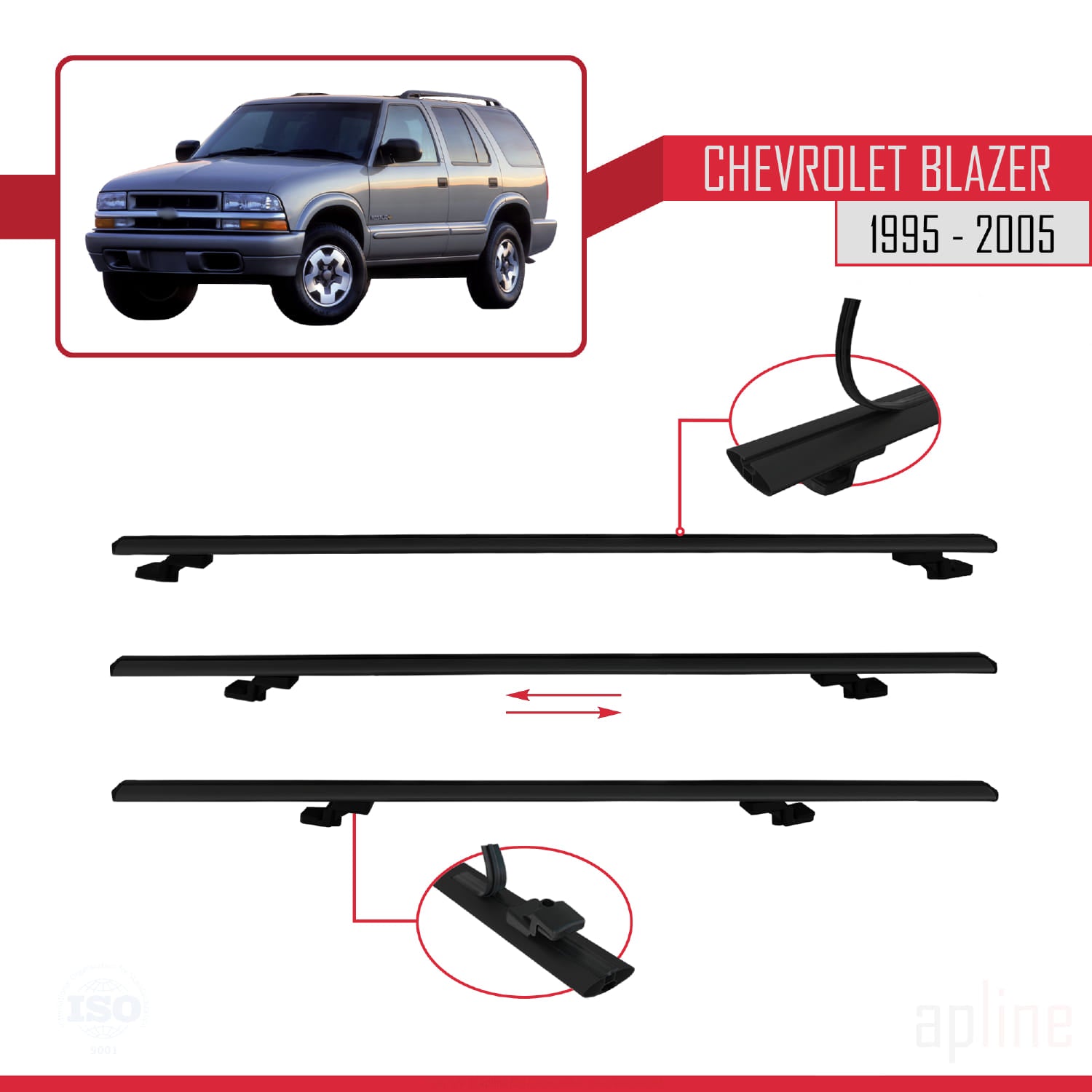 Compatible avec Chevrolet Blazer 1995-2005 BASIC Model Barres de Toit Railing Porte-Bagages de Voiture Noir Aluminium 3 Barres