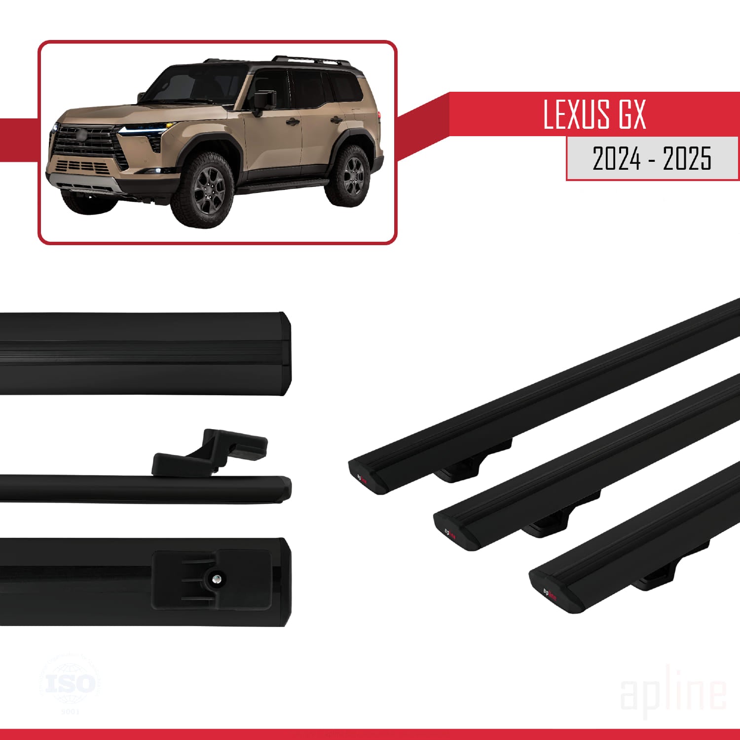 Compatible avec Lexus GX 2024-2025 BASIC Model Barres de Toit Railing Porte-Bagages de Voiture Noir Aluminium 3 Barres