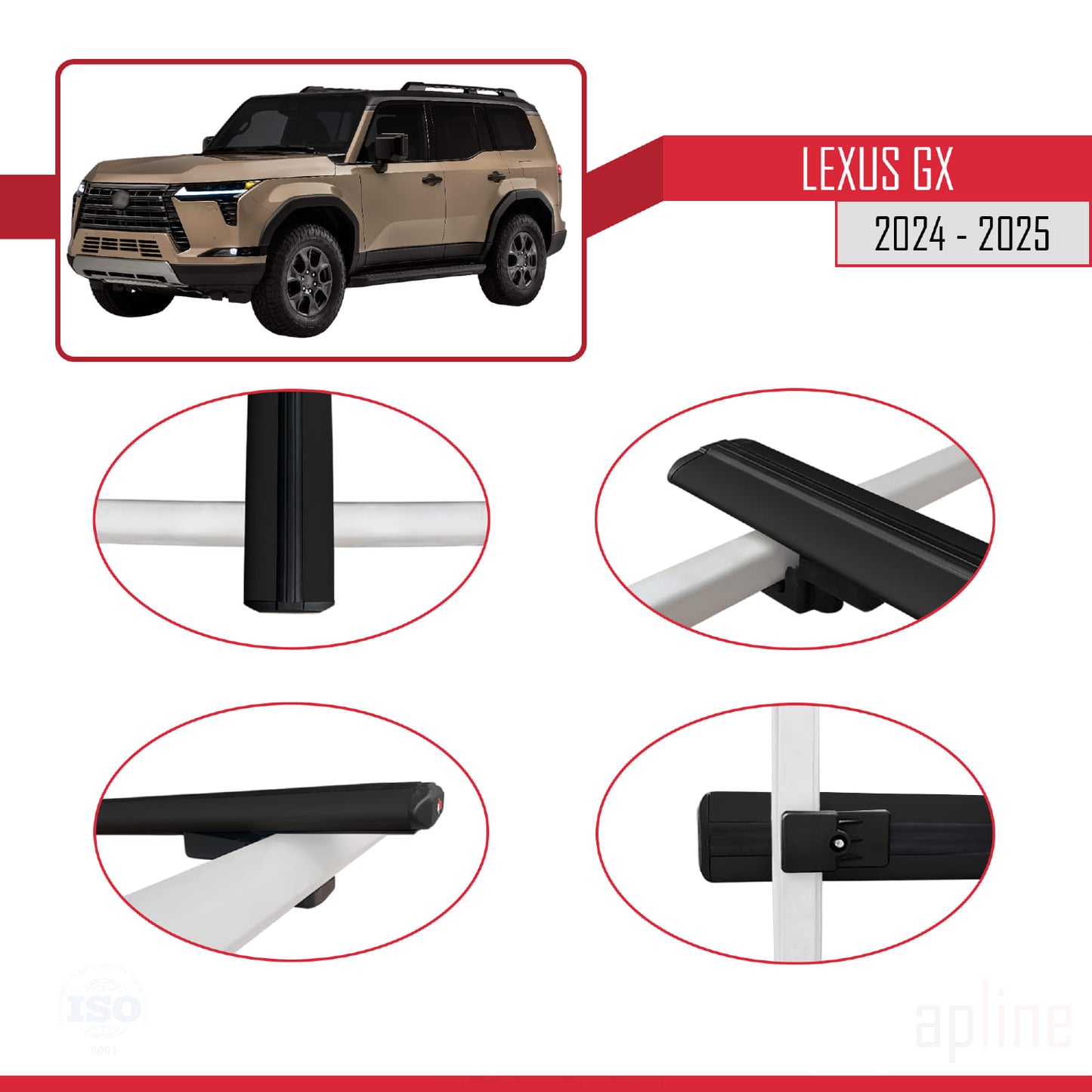 Compatible avec Lexus GX 2024-2025 BASIC Model Barres de Toit Railing Porte-Bagages de Voiture Noir Aluminium 3 Barres