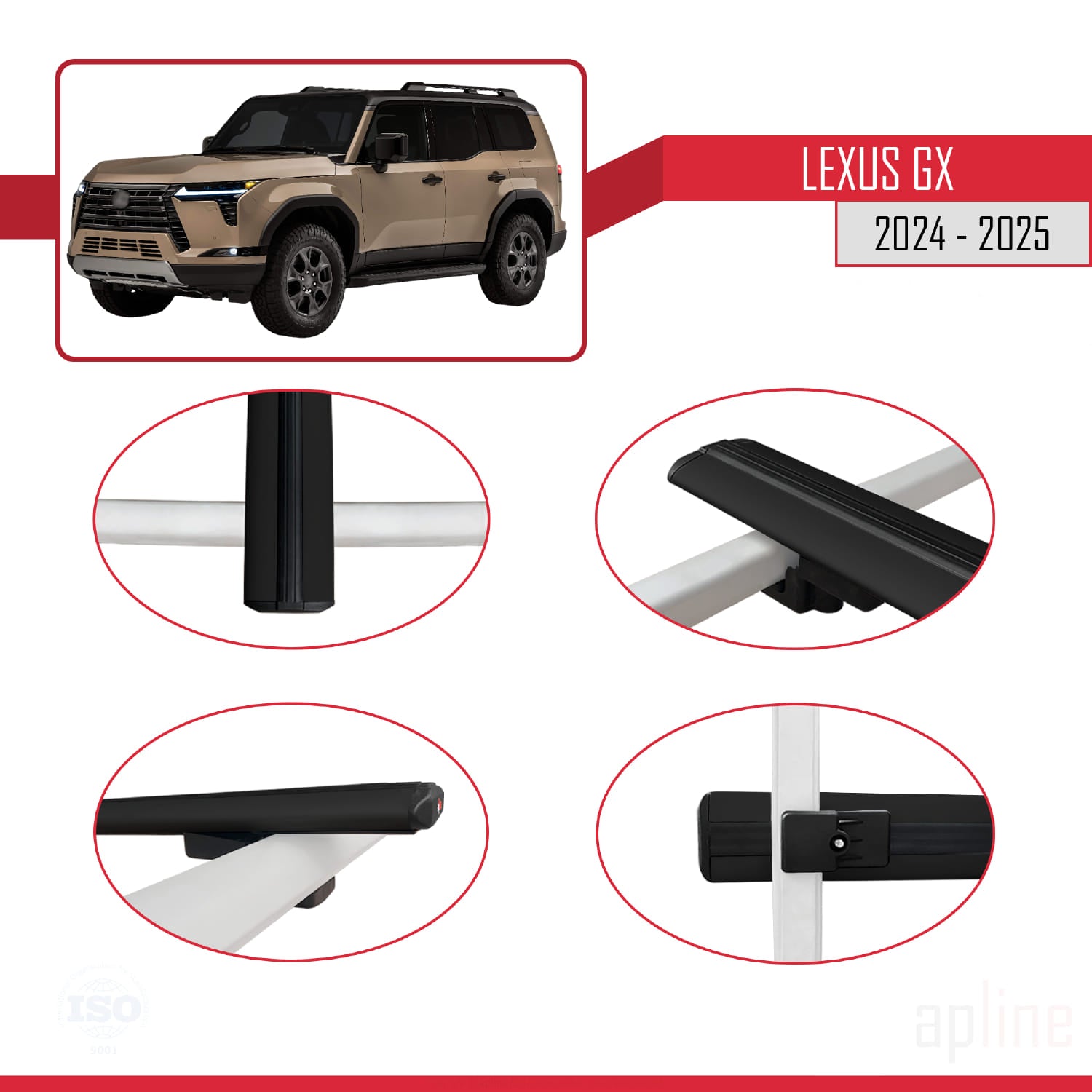 Compatible avec Lexus GX 2024-2025 BASIC Model Barres de Toit Railing Porte-Bagages de Voiture Noir Aluminium 2 Barres