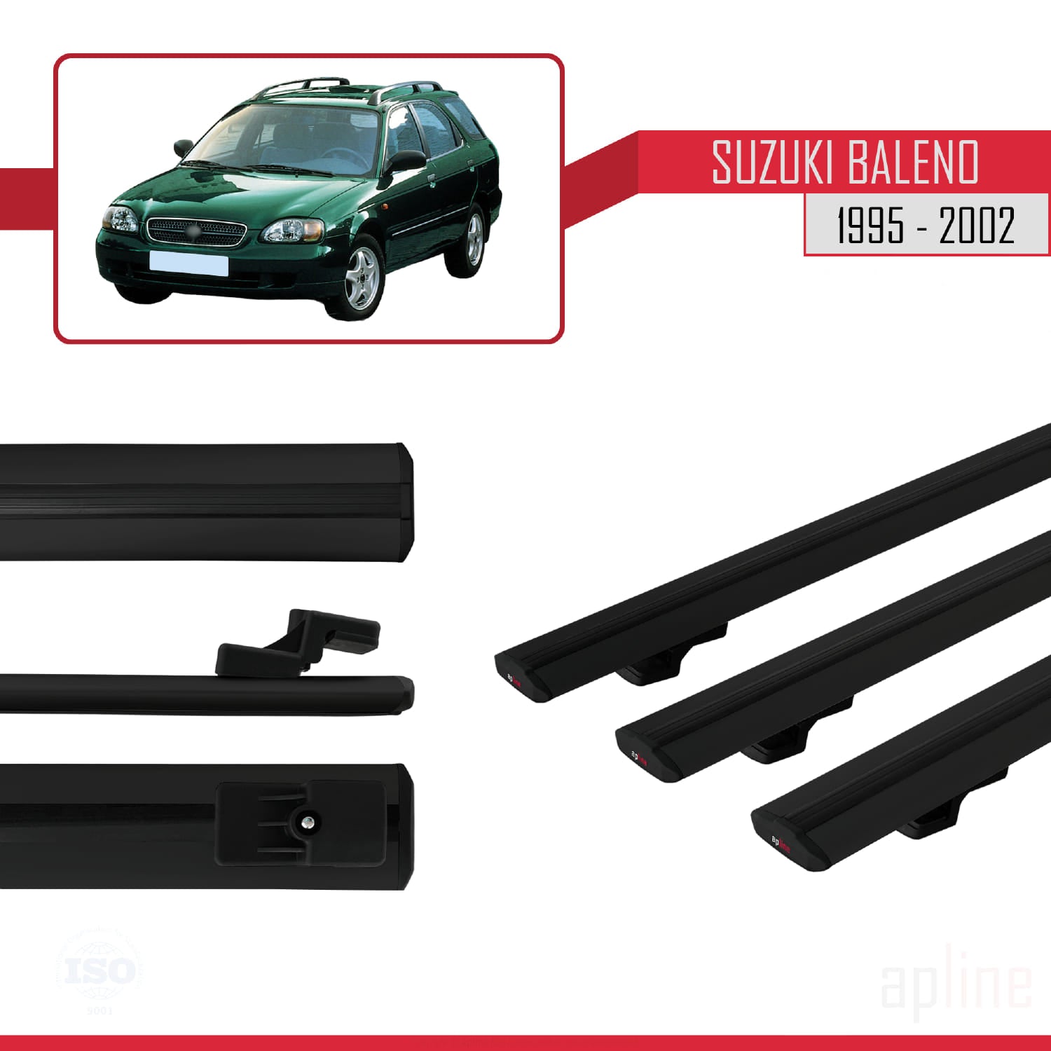 Compatible avec Suzuki Baleno 1995-2002 BASIC Model Barres de Toit Railing Porte-Bagages de Voiture Noir Aluminium 3 Barres
