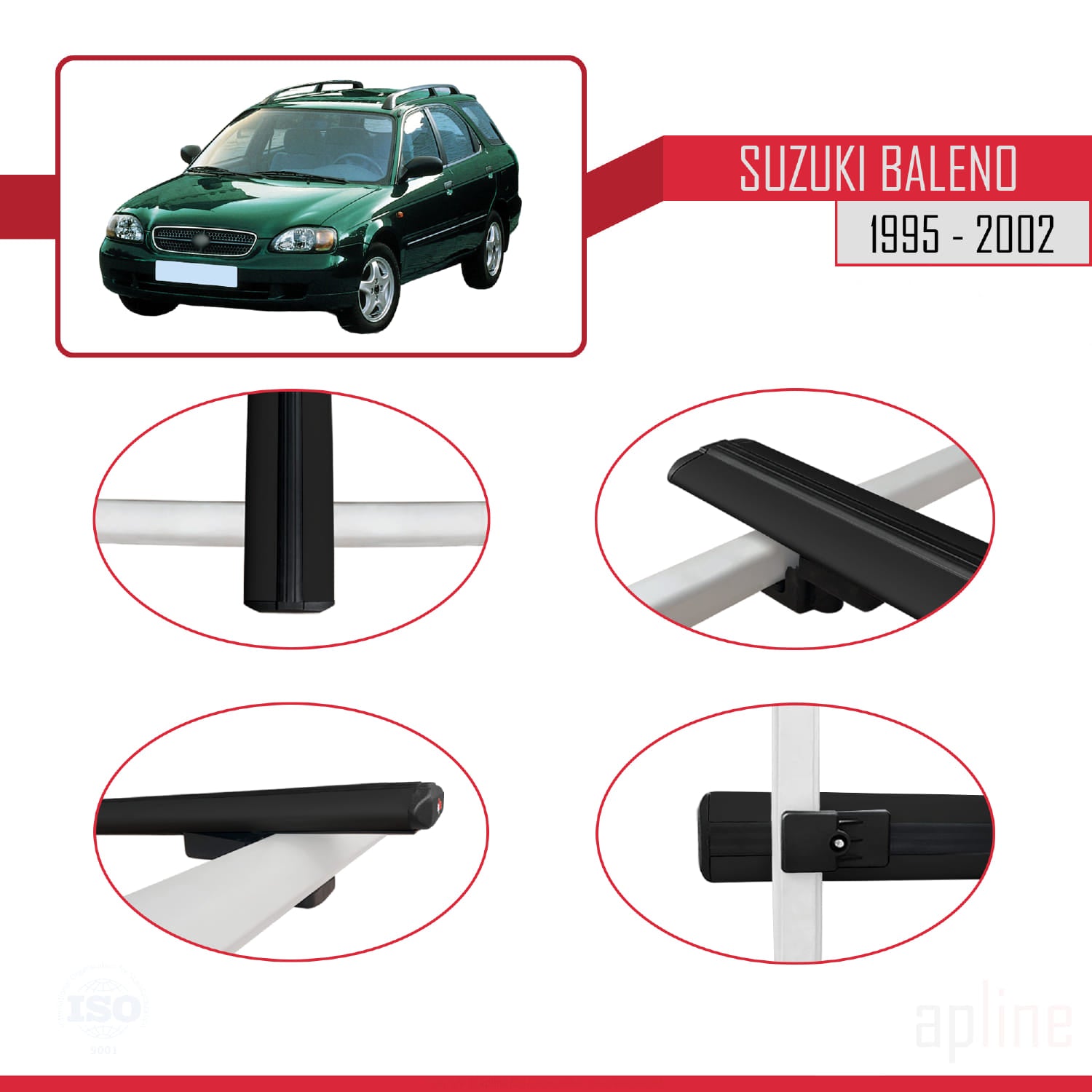 Compatible avec Suzuki Baleno 1995-2002 BASIC Model Barres de Toit Railing Porte-Bagages de Voiture Noir Aluminium 3 Barres