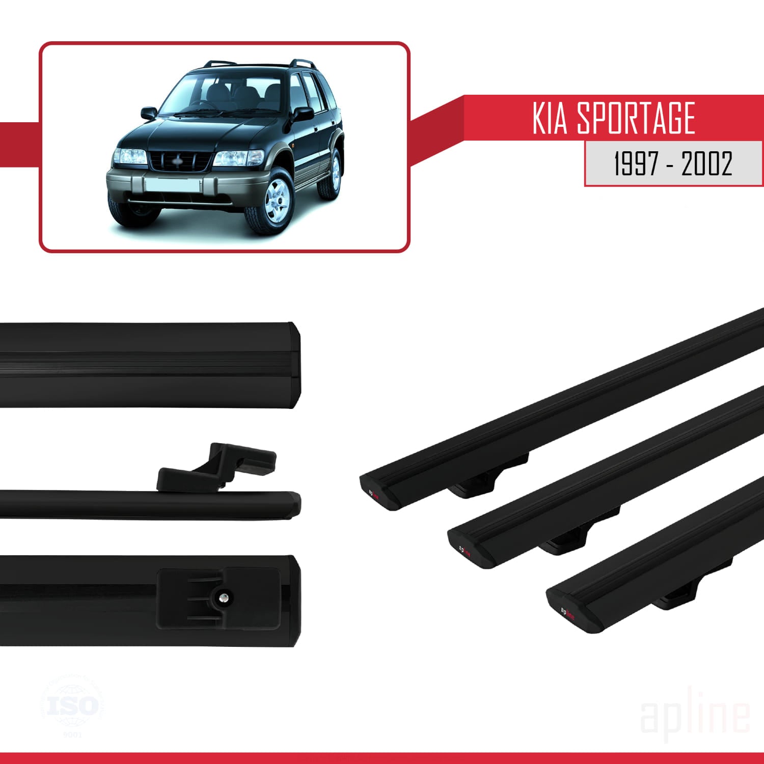 Compatible avec Kia Sportage 1997-2002 BASIC Model Barres de Toit Railing Porte-Bagages de Voiture Noir Aluminium 3 Barres
