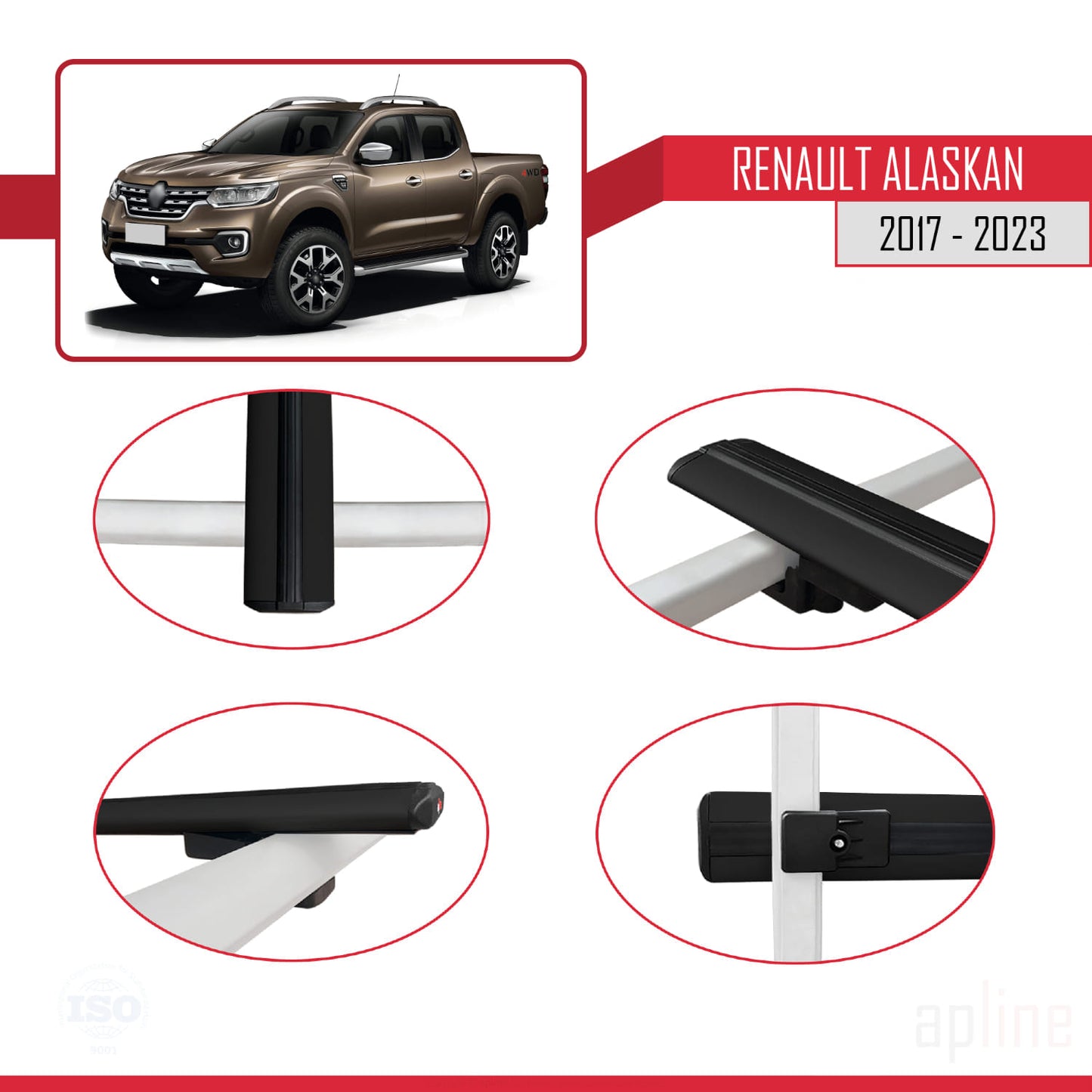 Compatible avec Renault Alaskan 2017-2023 BASIC Model Barres de Toit Railing Porte-Bagages de Voiture Noir Aluminium 2 Barres