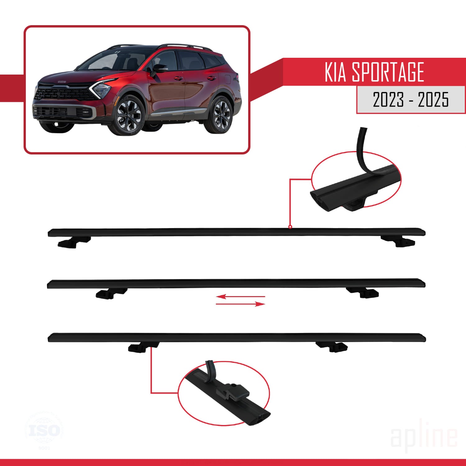 Compatible avec Kia Sportage 2023-2025 BASIC Model Barres de Toit Railing Porte-Bagages de Voiture Noir Aluminium 2 Barres