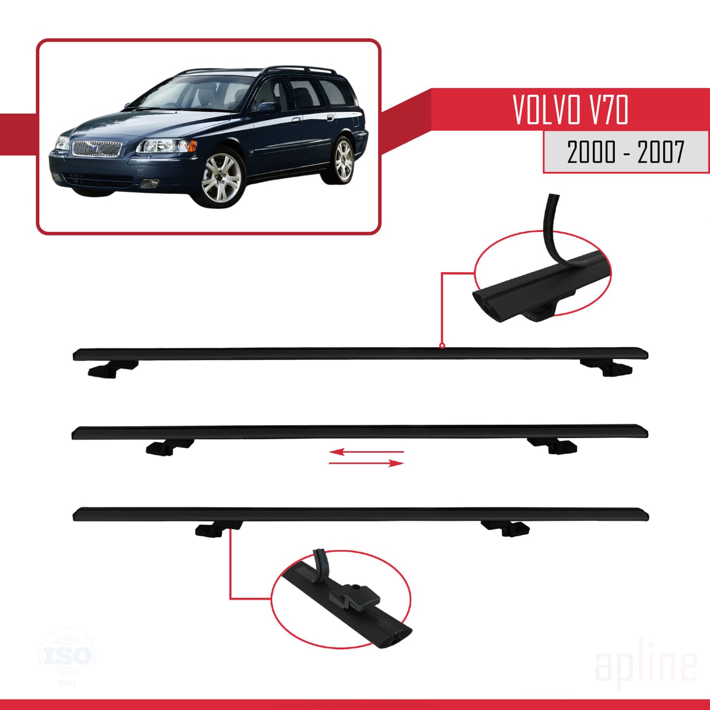 Compatible avec Volvo V70 2000-2007 BASIC Model Barres de Toit Railing Porte-Bagages de Voiture Noir Aluminium 3 Barres