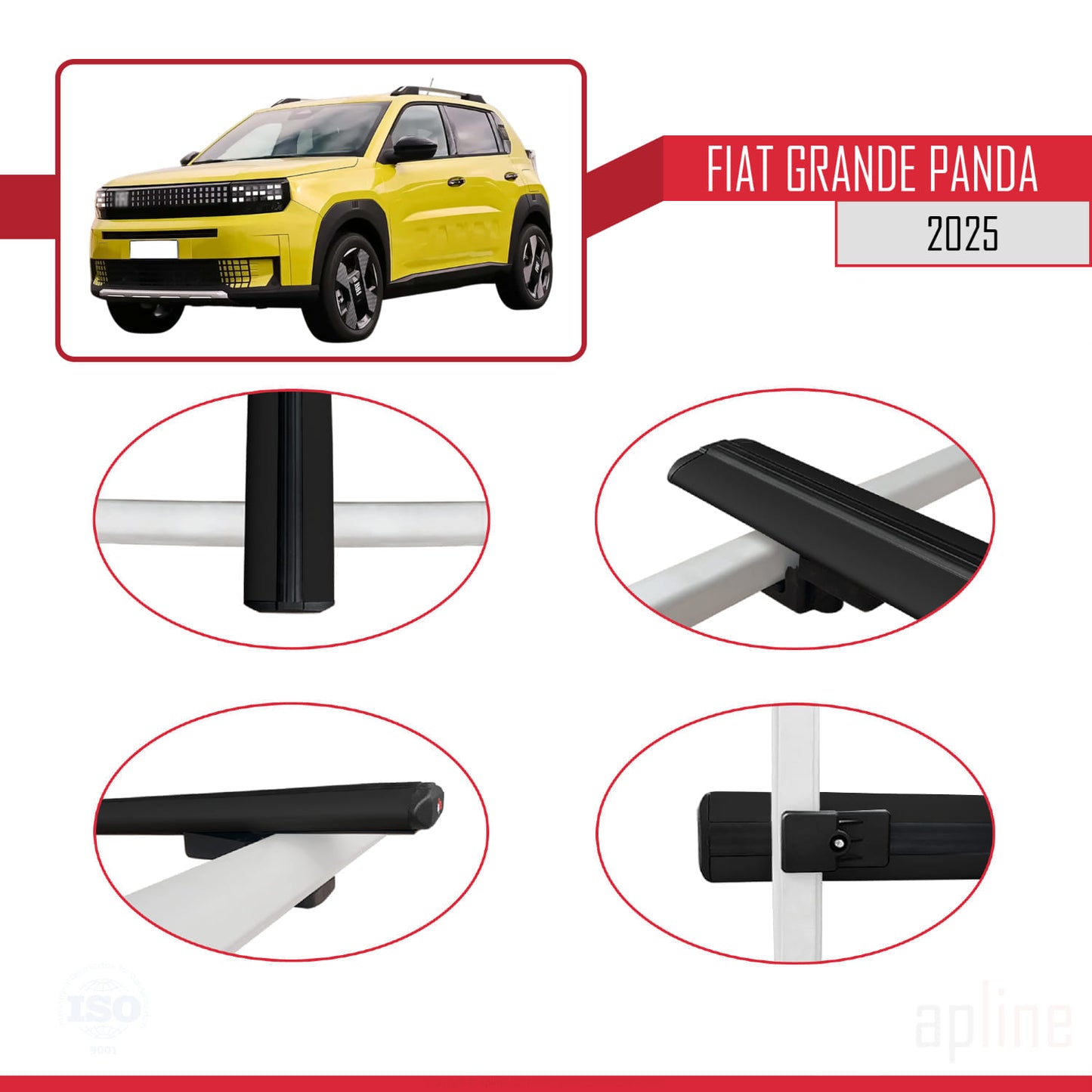 Compatible avec Fiat Grande Panda 2025-2025 BASIC Model Barres de Toit Railing Porte-Bagages de Voiture Noir Aluminium 3 Barres