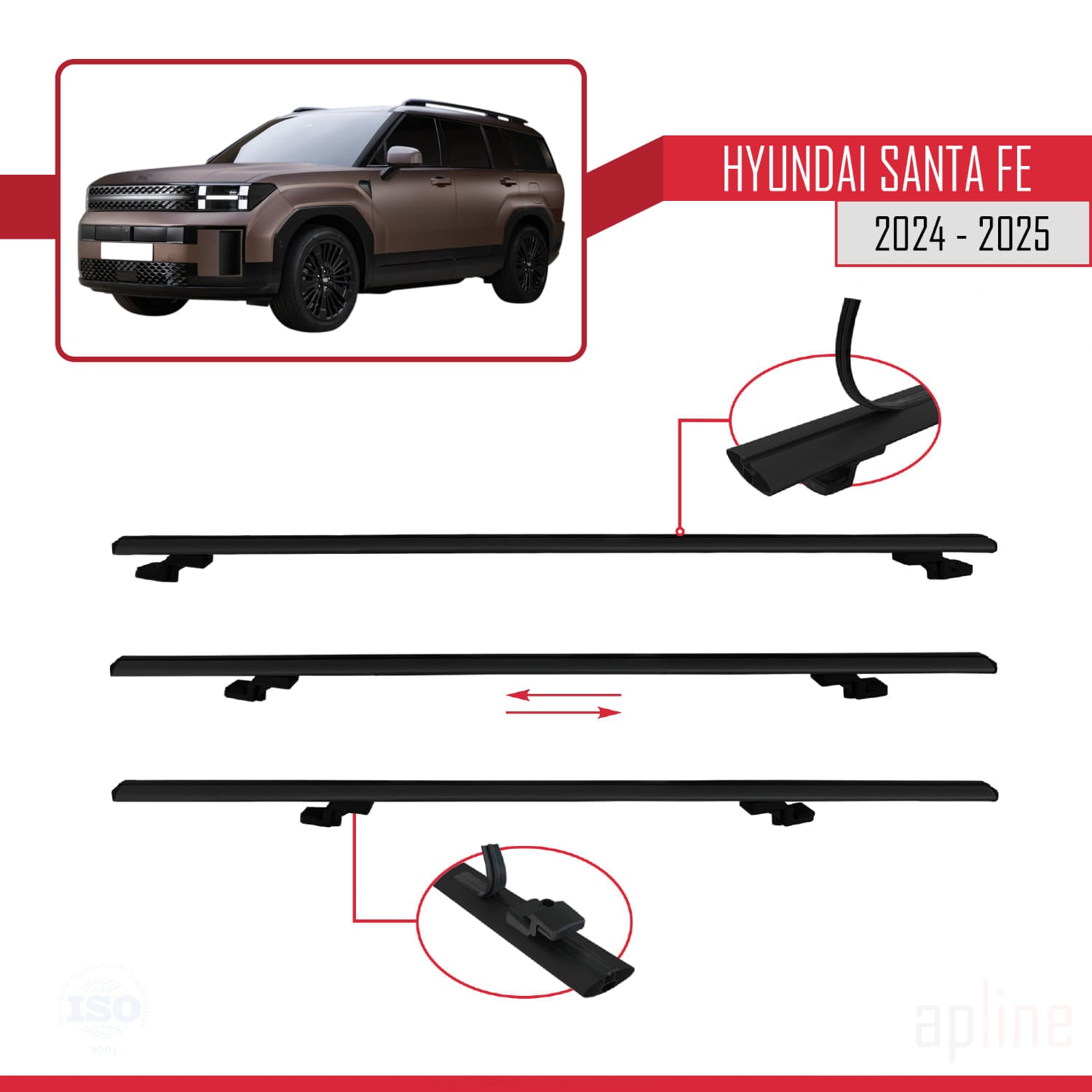 Compatible avec Hyundai Santa Fe 2024-2025 BASIC Model Barres de Toit Railing Porte-Bagages de Voiture Noir Aluminium 3 Barres