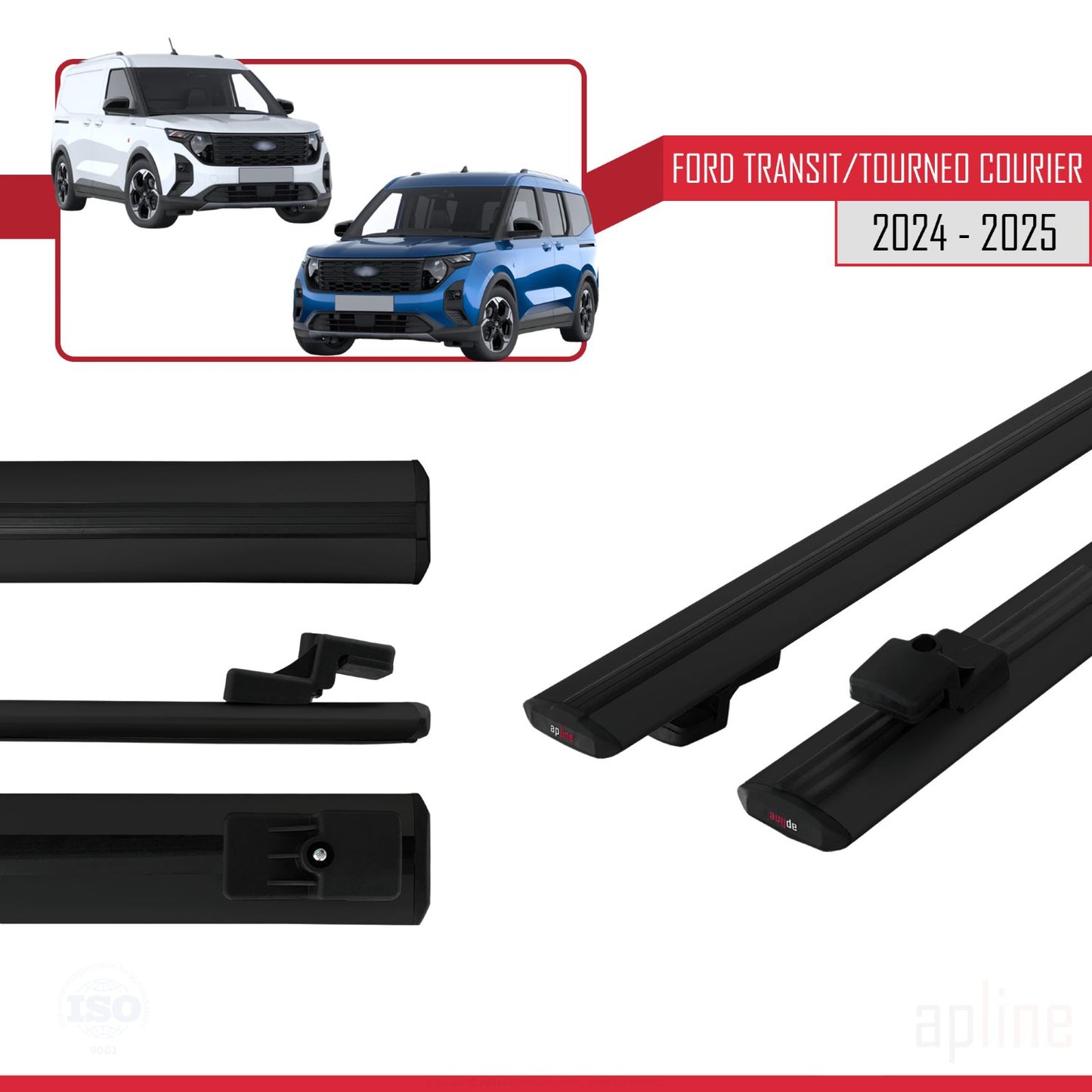 Compatible avec  Ford Transit/Tourneo Courier 2024-2025 BASIC Model Barres de Toit Railing Porte-Bagages de Voiture Noir Aluminium 2 Barres