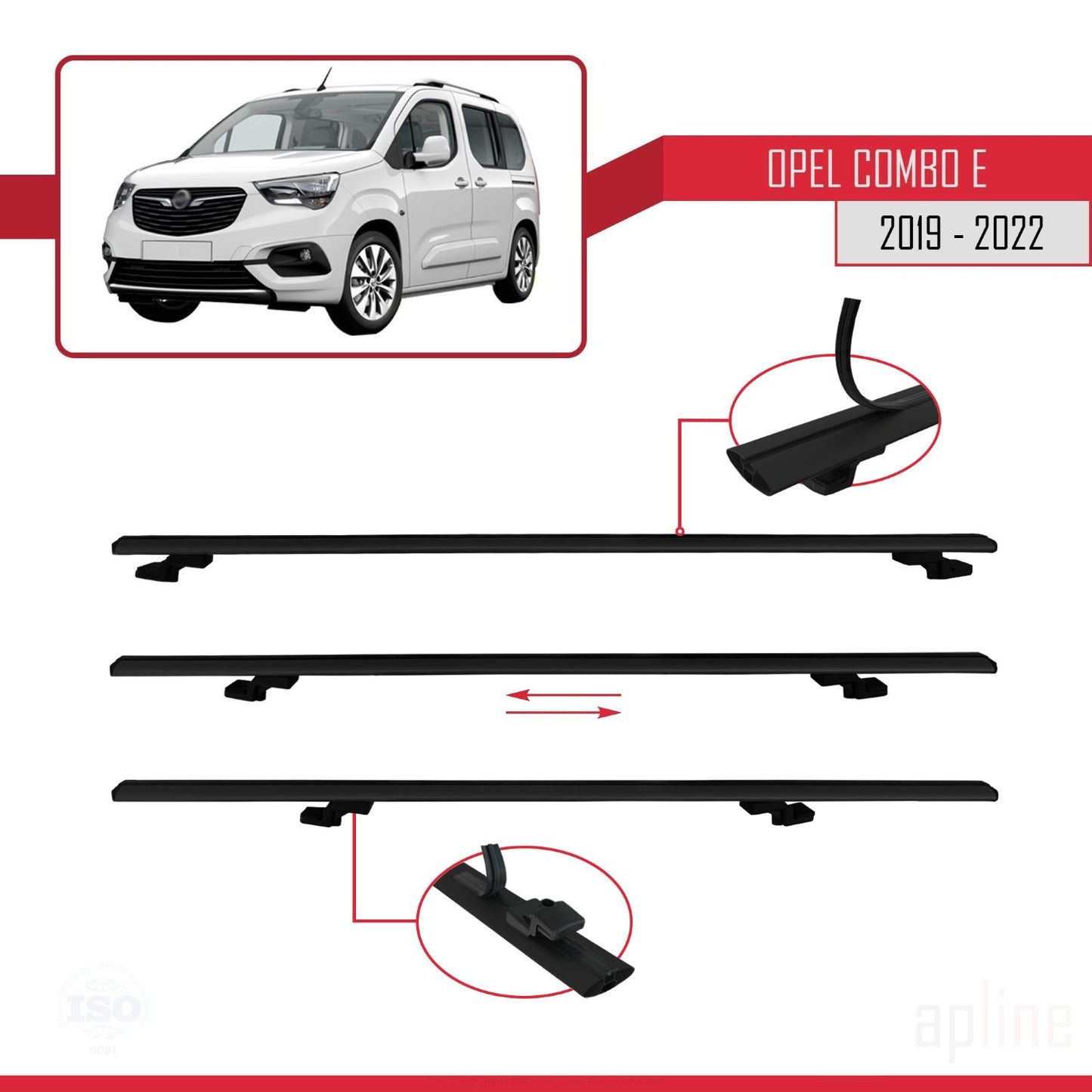Compatible avec Opel Combo E 2019-2022 BASIC Model Barres de Toit Railing Porte-Bagages de Voiture Noir Aluminium 4 Barres