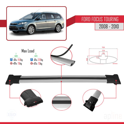 Compatible avec Ford Focus 2 (C307) Turnier 2008-2010 FLY Model Barres de Toit Railing Porte-Bagages de Voiture Gris Aluminium 2 Barres